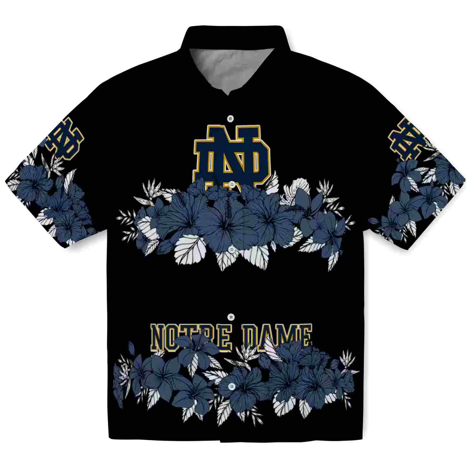 Notre Dame Fighting Irish Hibiscus Stripe Navy Black Hawaiian Shirt