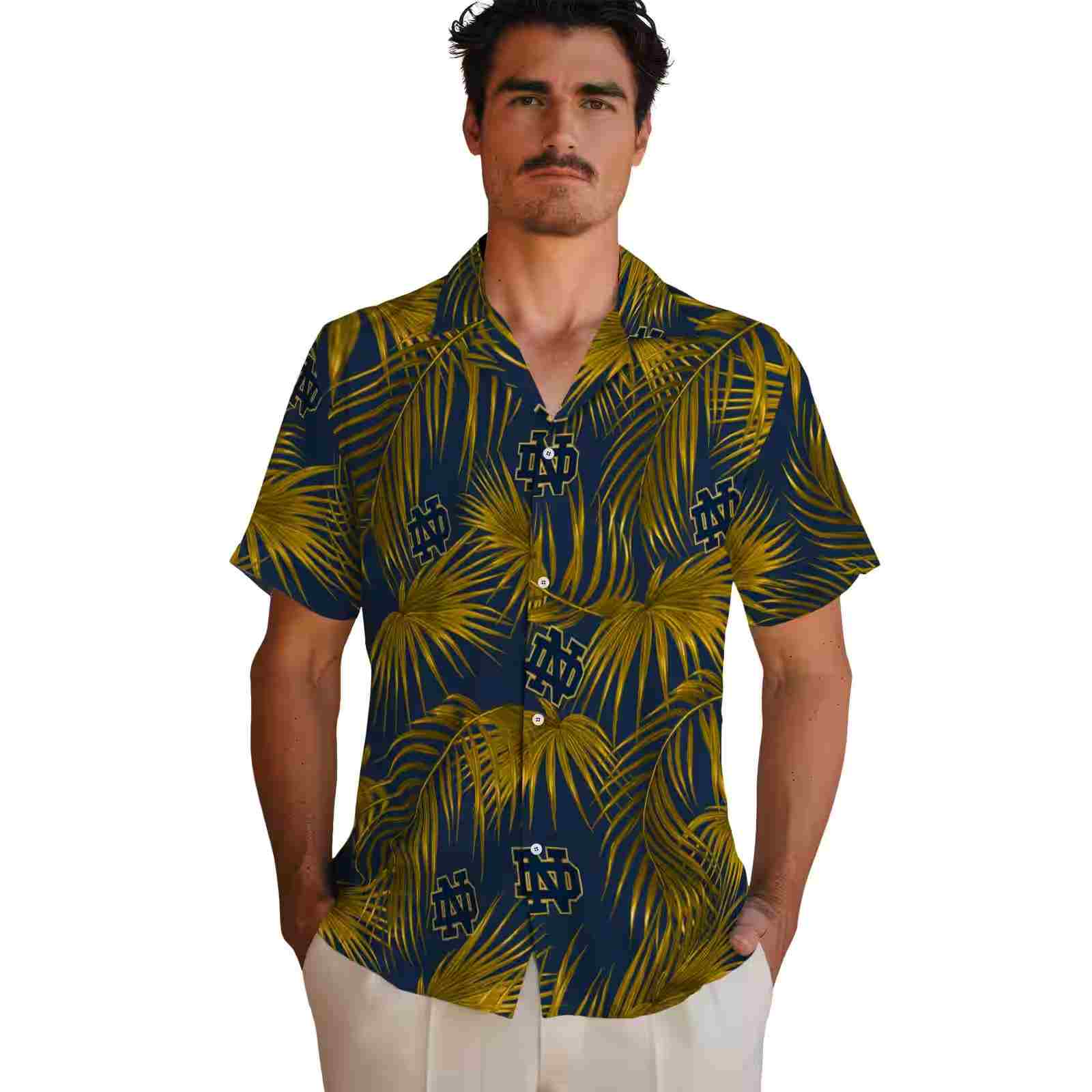 notre dame fighting irish leafy palms navy hawaiian shirt fashion forward