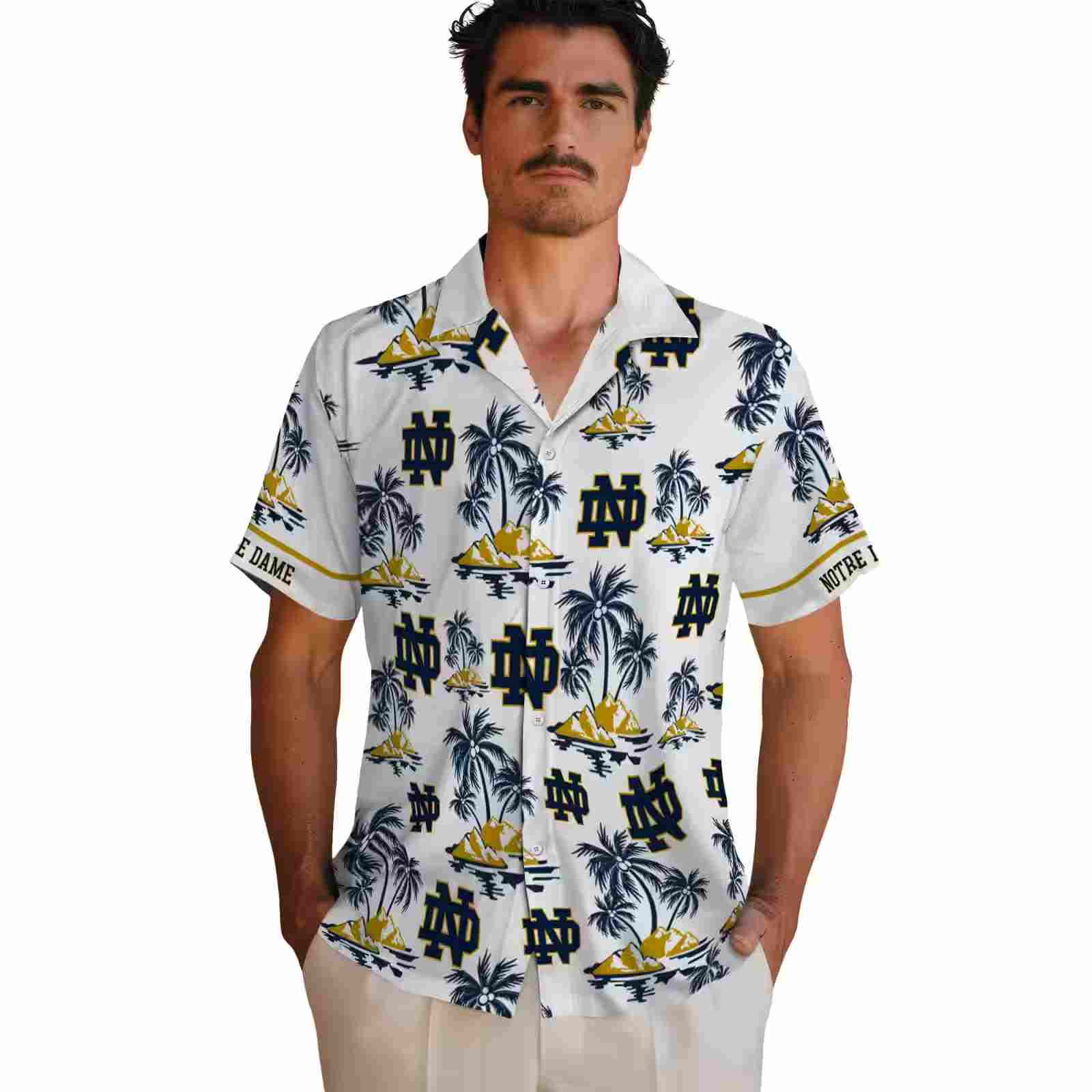 notre dame fighting irish palm island print navy white hawaiian shirt fashion forward