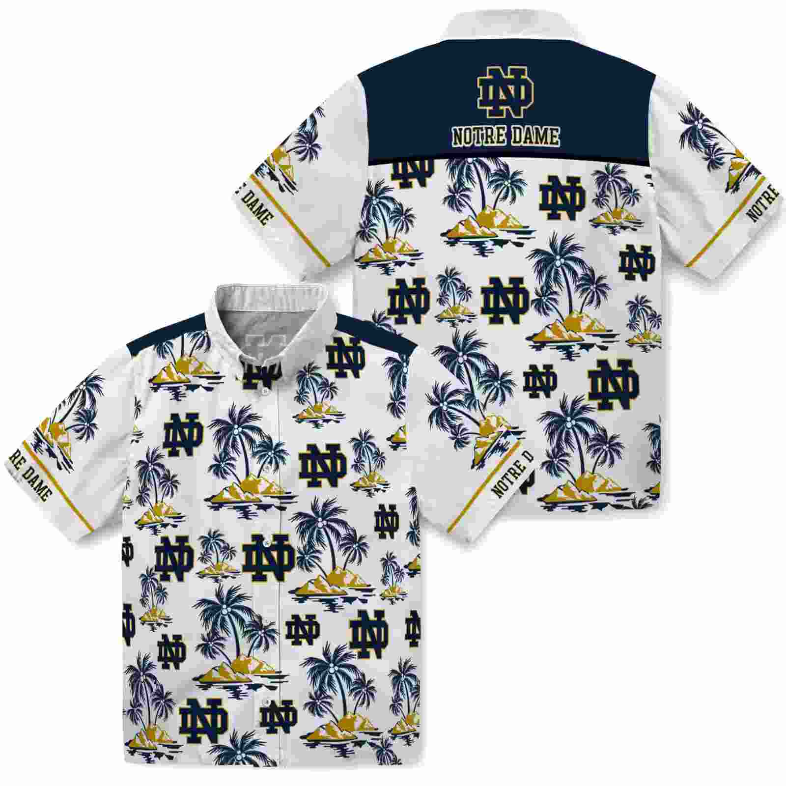 notre dame fighting irish palm island print navy white hawaiian shirt high quality