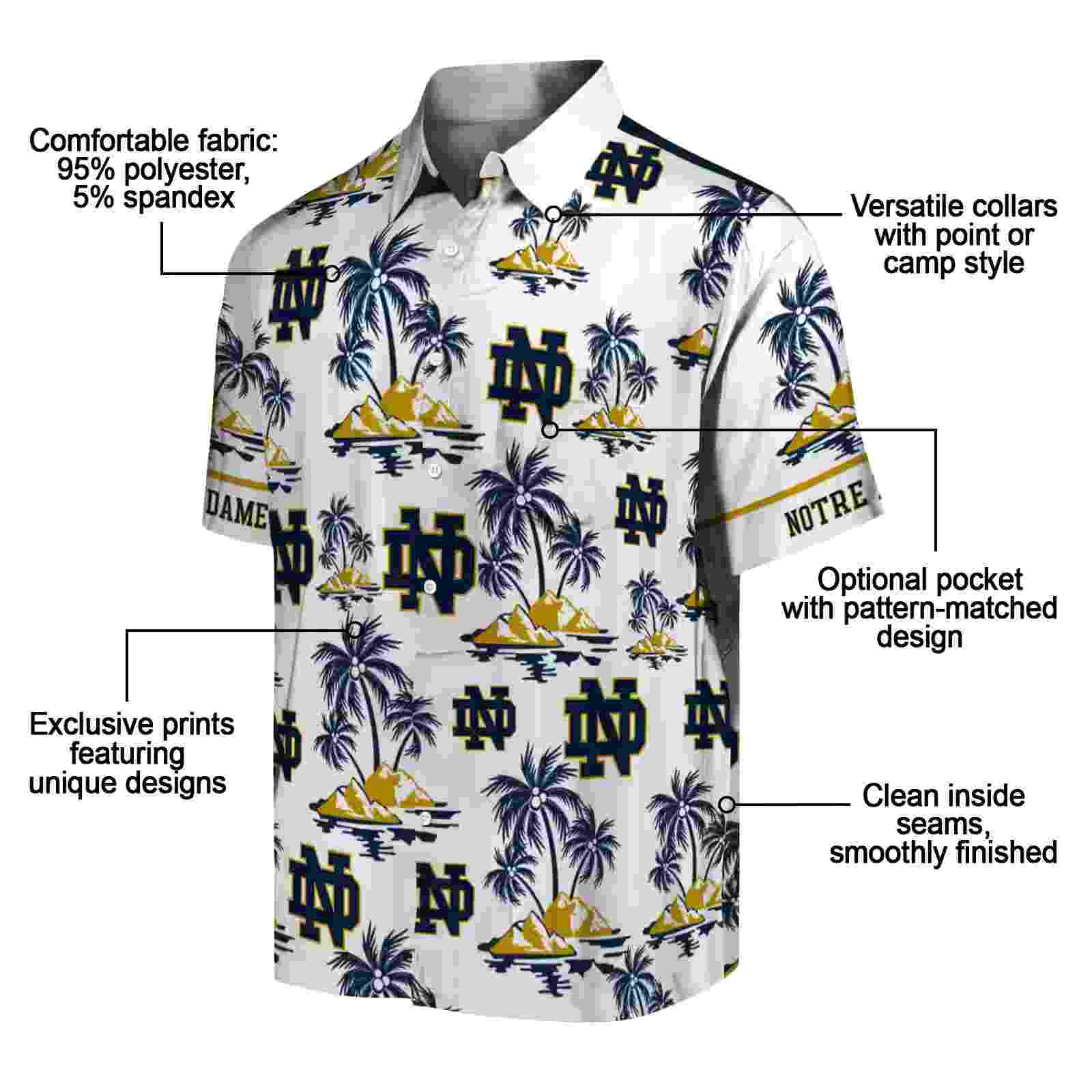 notre dame fighting irish palm island print navy white hawaiian shirt new arrival