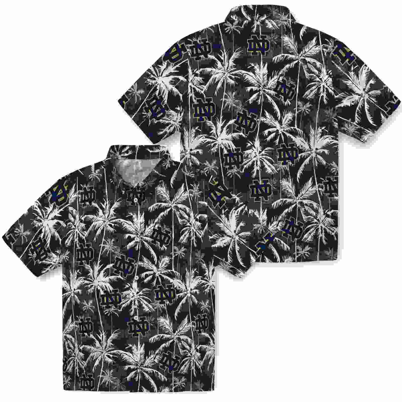 notre dame fighting irish palm pattern navy black hawaiian shirt high quality