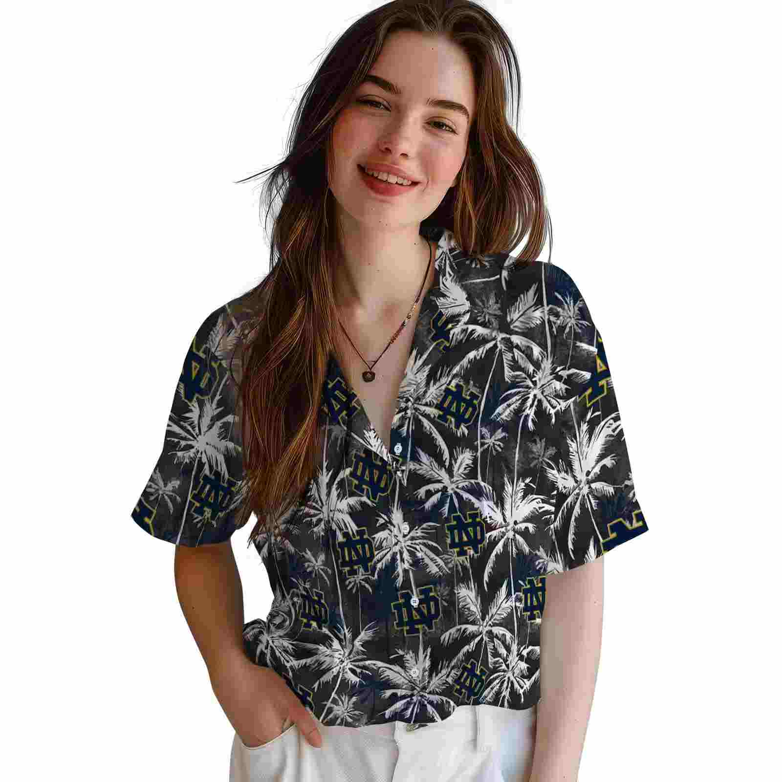 notre dame fighting irish palm pattern navy black hawaiian shirt latest model