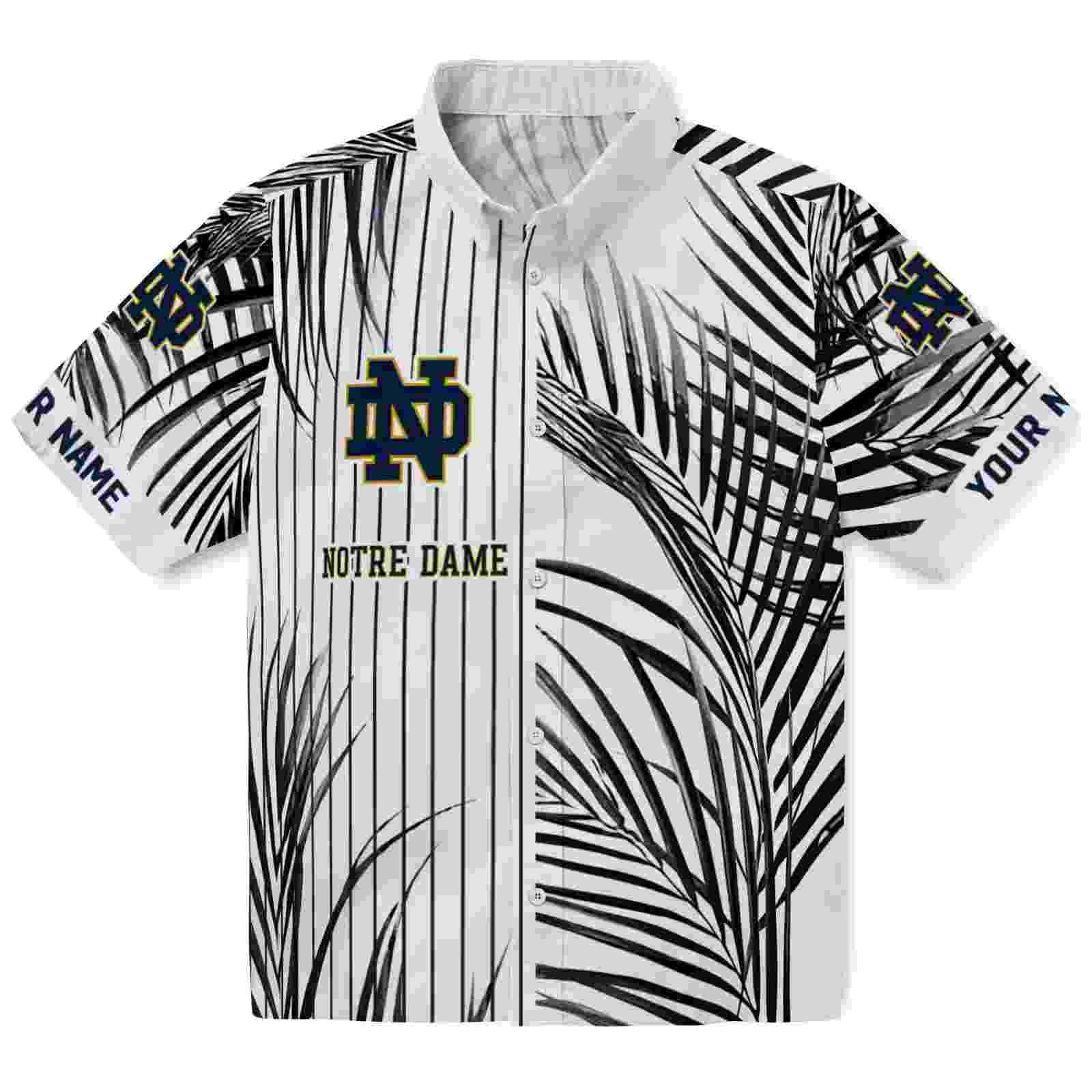 Notre Dame Fighting Irish Palm Stripes Navy Black White Hawaiian Shirt