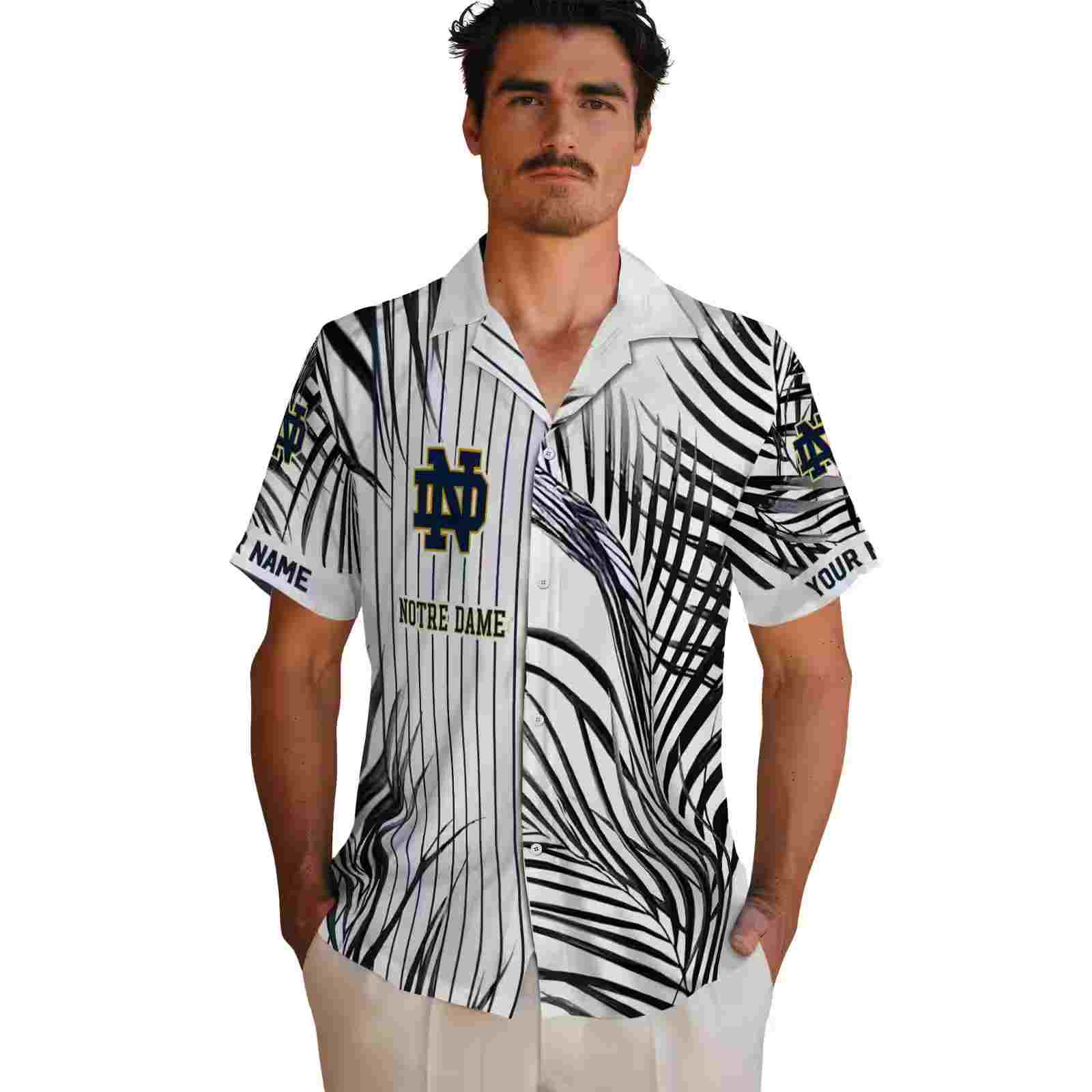 notre dame fighting irish palm stripes navy black white hawaiian shirt fashion forward