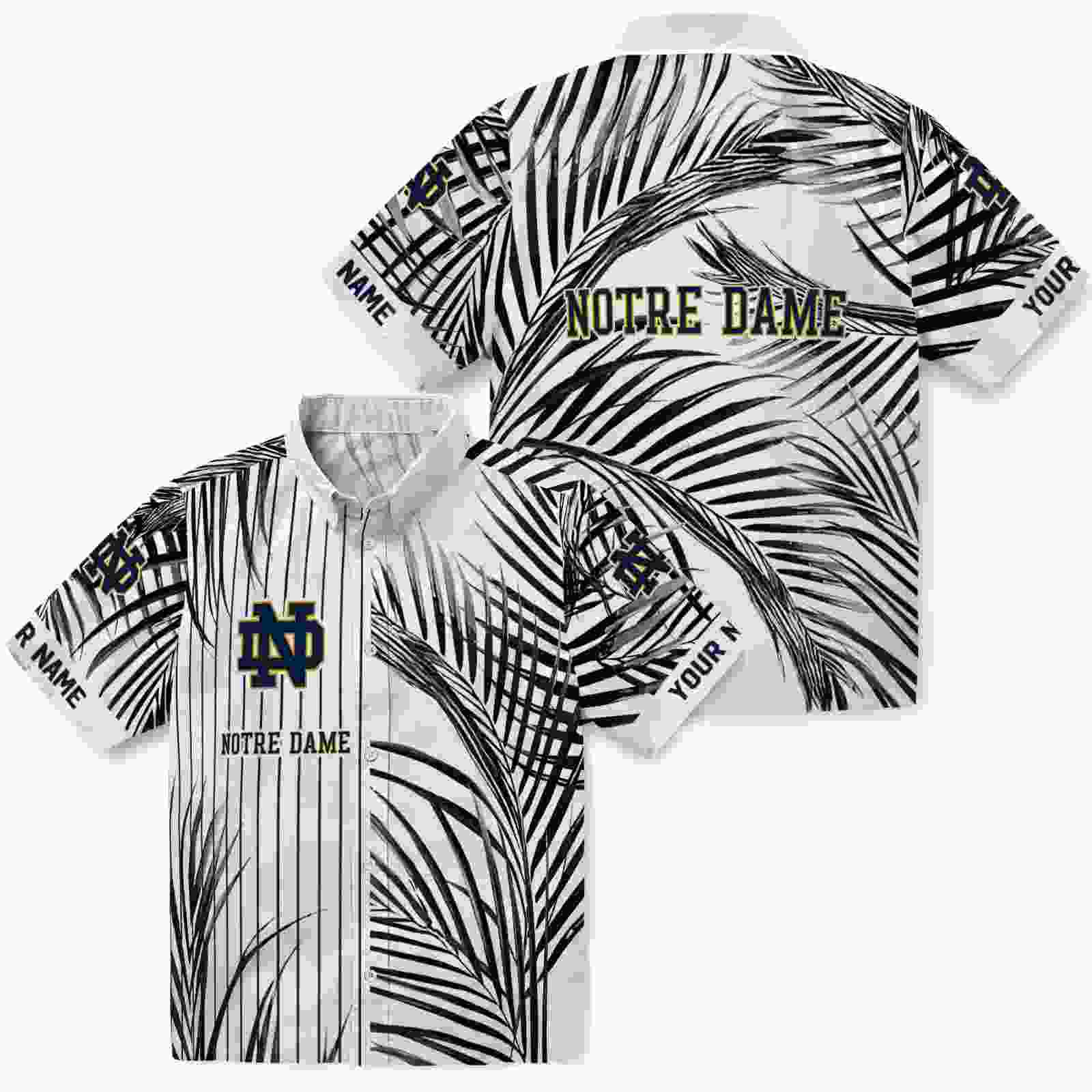 notre dame fighting irish palm stripes navy black white hawaiian shirt high quality