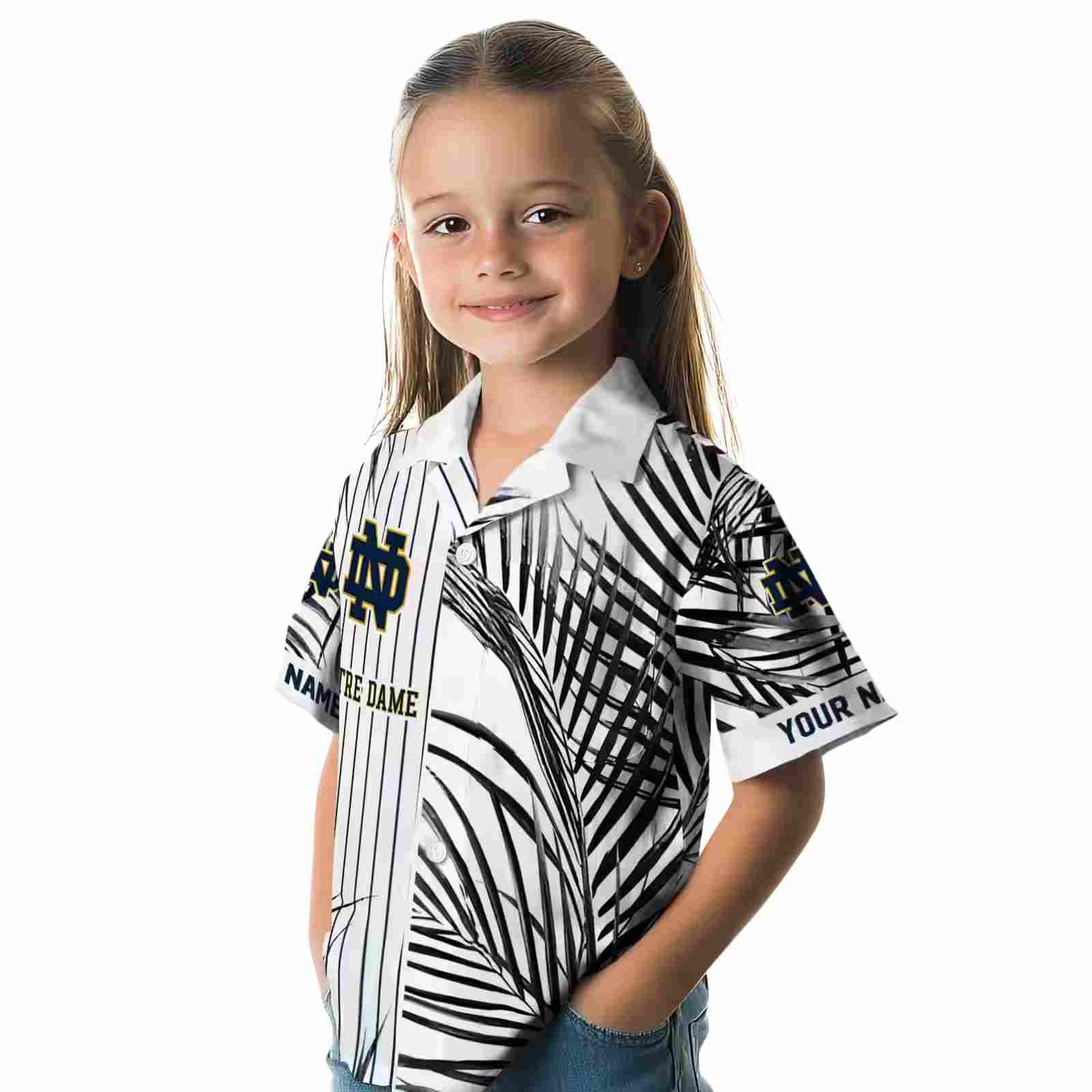 notre dame fighting irish palm stripes navy black white hawaiian shirt premium grade