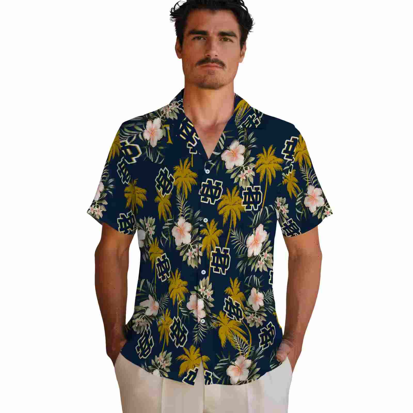 notre dame fighting irish palm tree flower navy hawaiian shirt fashion forward