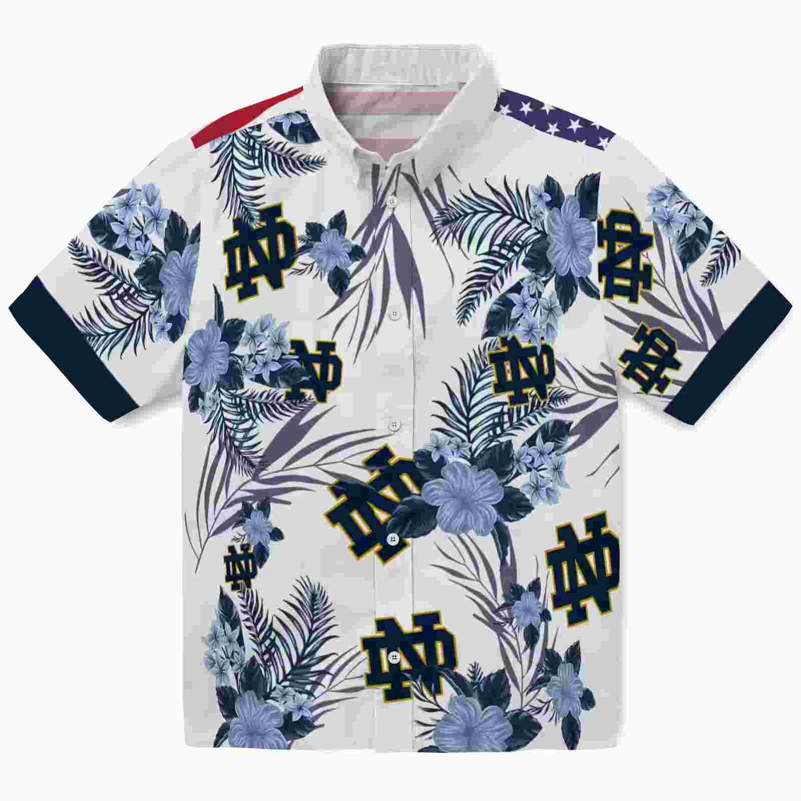 Notre Dame Fighting Irish Patriotic Hibiscus Design Navy White Hawaiian Shirt