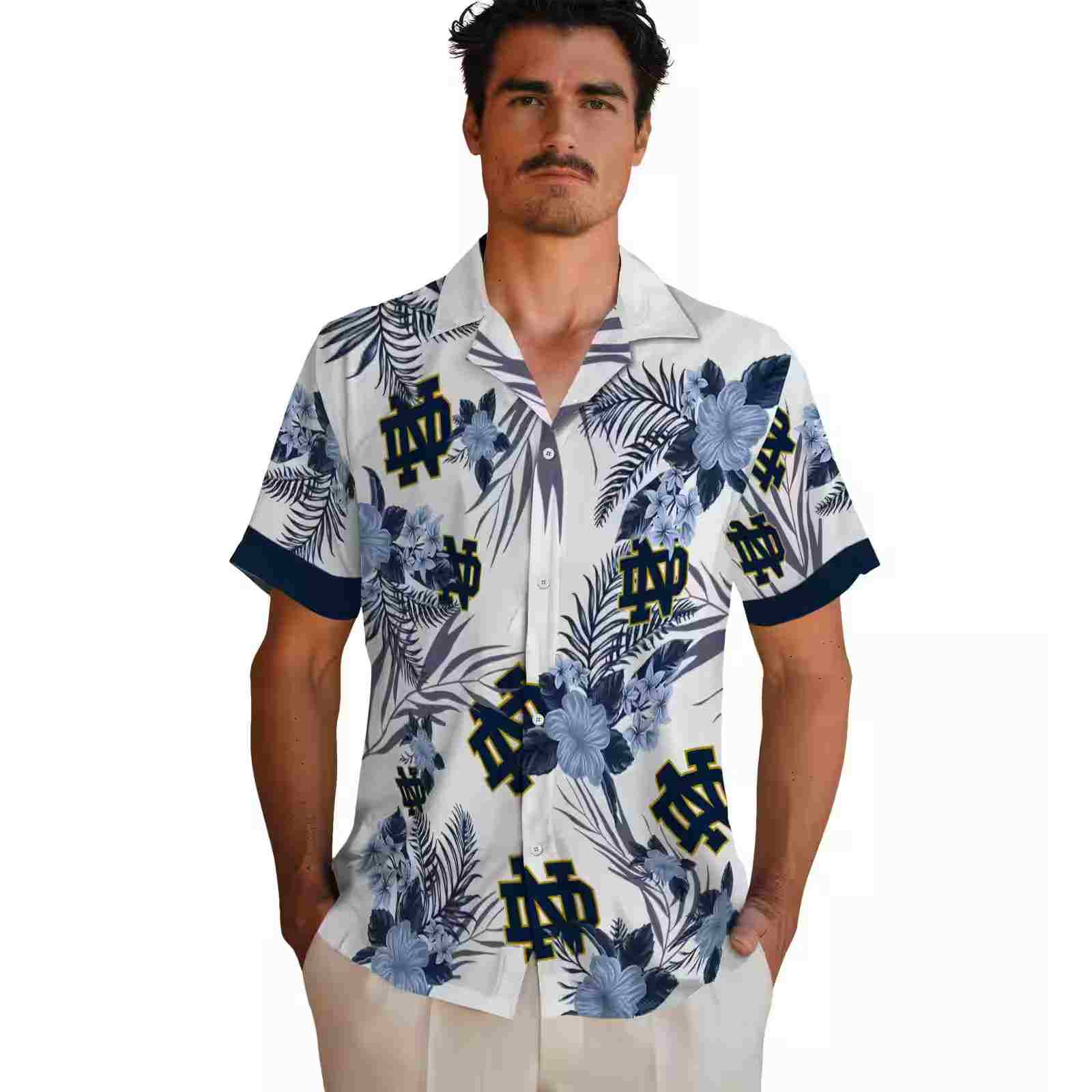 notre dame fighting irish patriotic hibiscus design navy white hawaiian shirt fashion forward