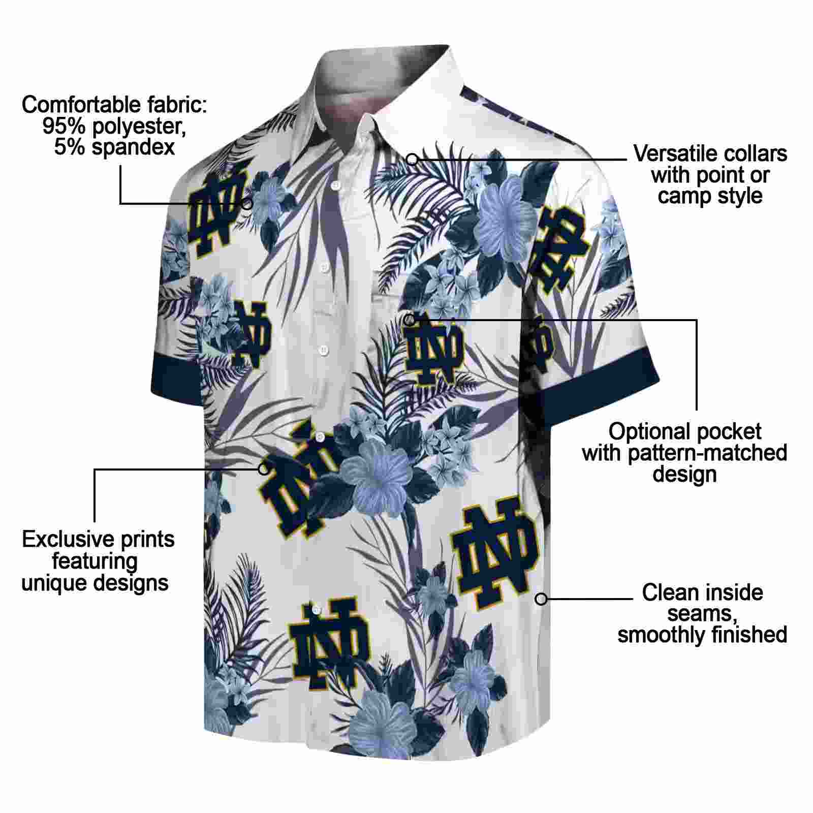 notre dame fighting irish patriotic hibiscus design navy white hawaiian shirt new arrival