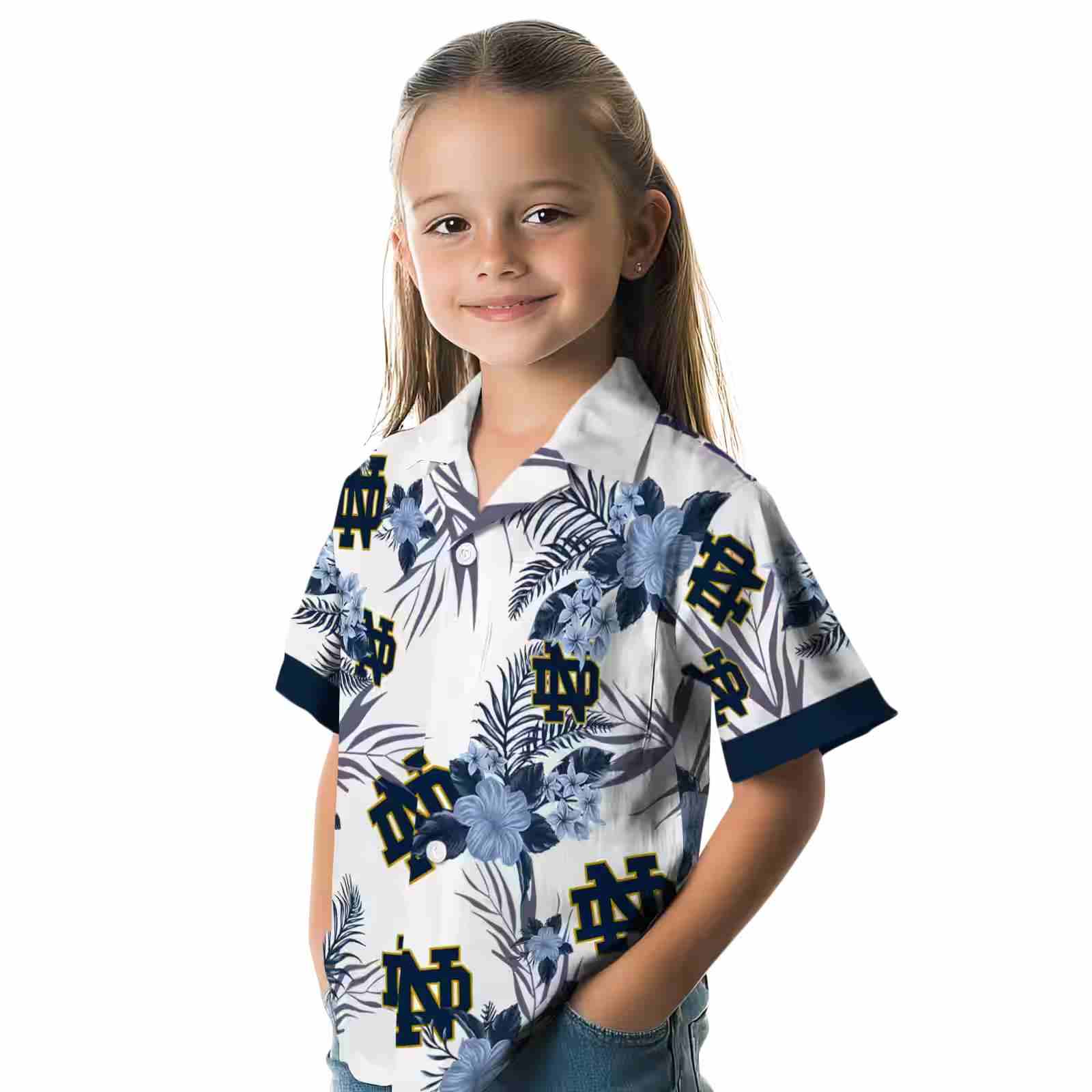 notre dame fighting irish patriotic hibiscus design navy white hawaiian shirt premium grade