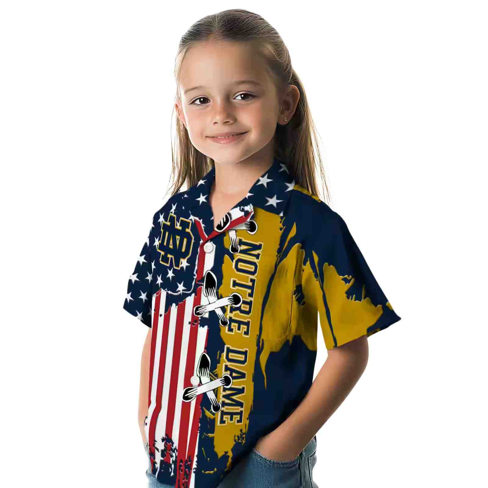 notre dame fighting irish stitched flag navy hawaiian shirt premium grade