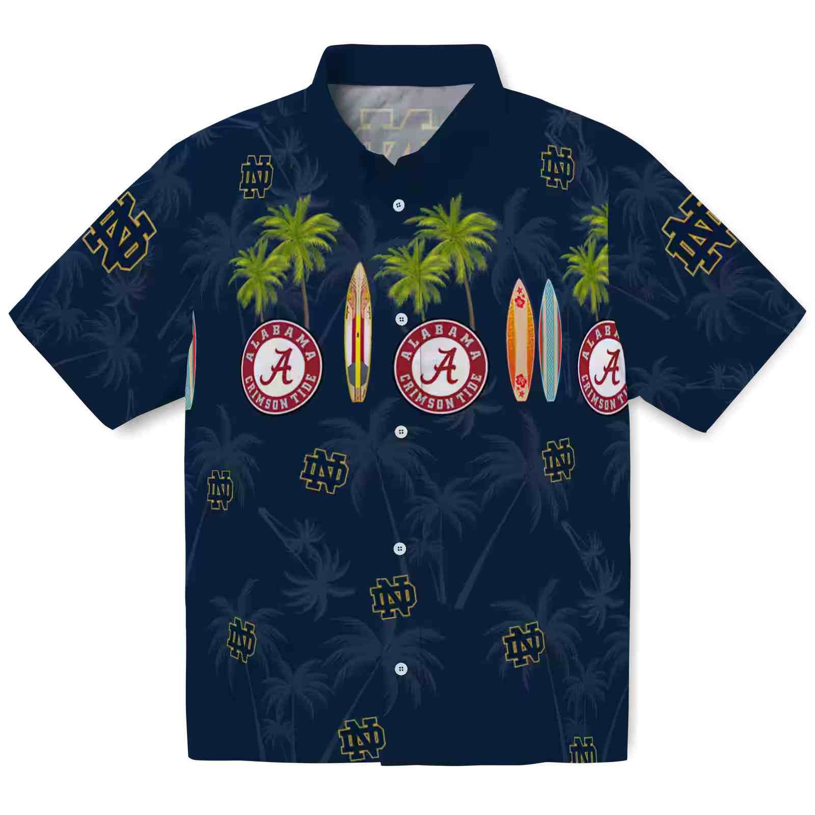 Notre Dame Fighting Irish Surfboard Palm Navy Hawaiian Shirt