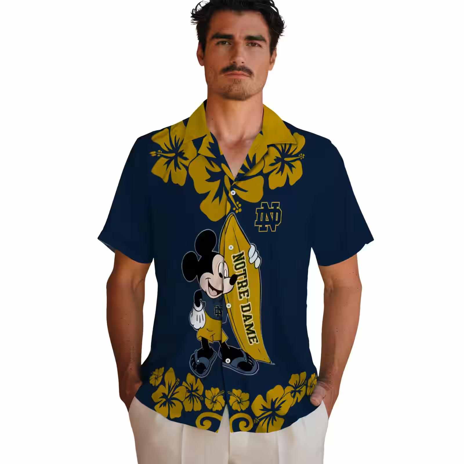 notre dame fighting irish surfing mickey navy hawaiian shirt fashion forward