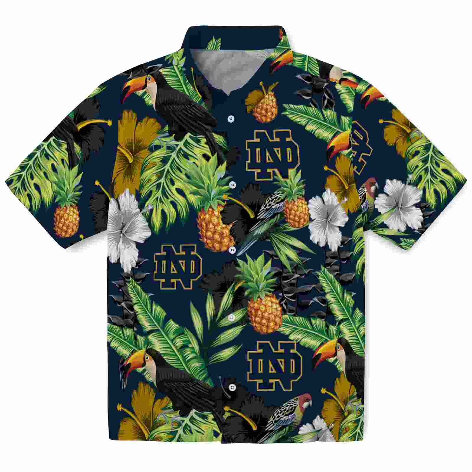 Notre Dame Fighting Irish Toucan Hibiscus Pineapple Navy Green Hawaiian Shirt