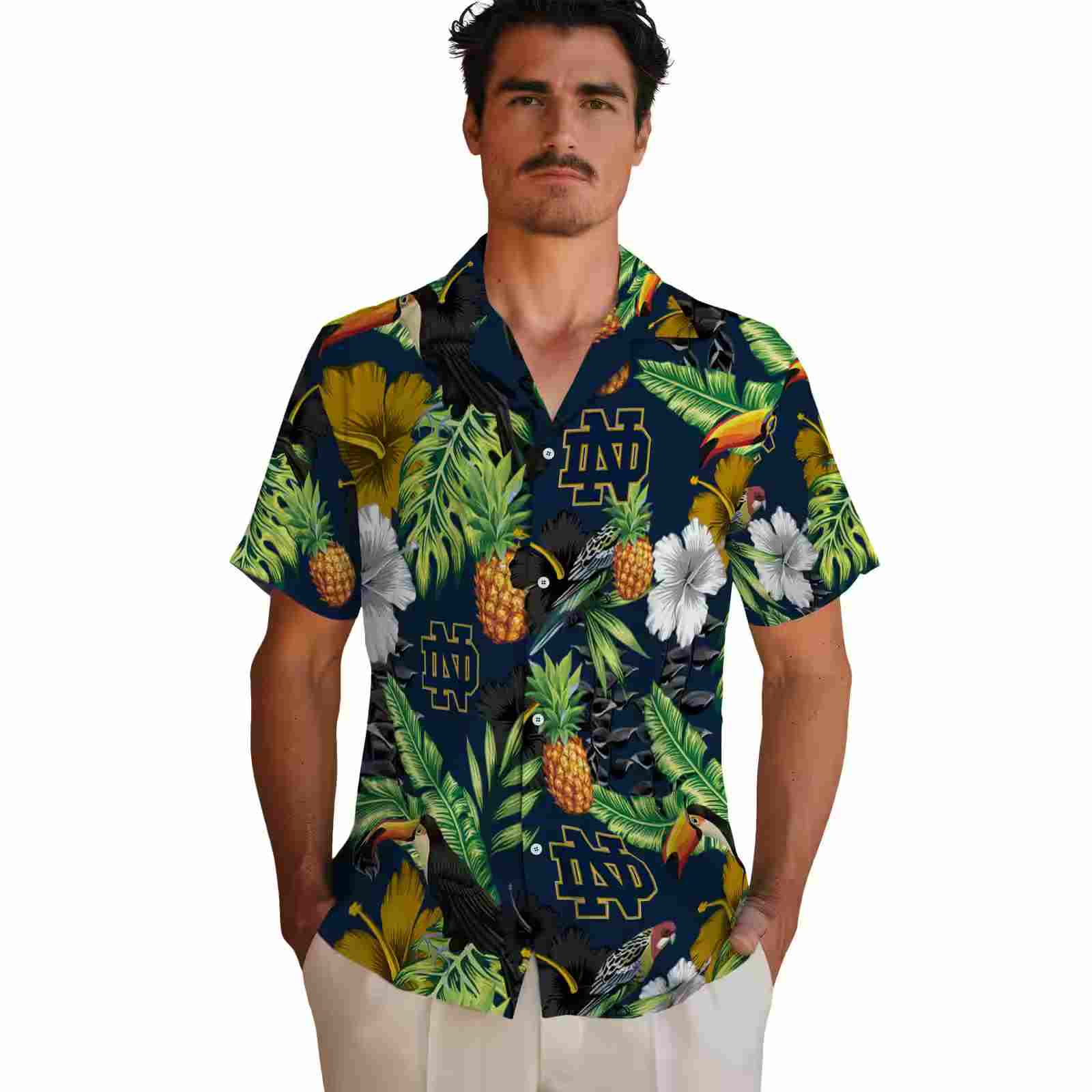 notre dame fighting irish toucan hibiscus pineapple navy green hawaiian shirt fashion forward