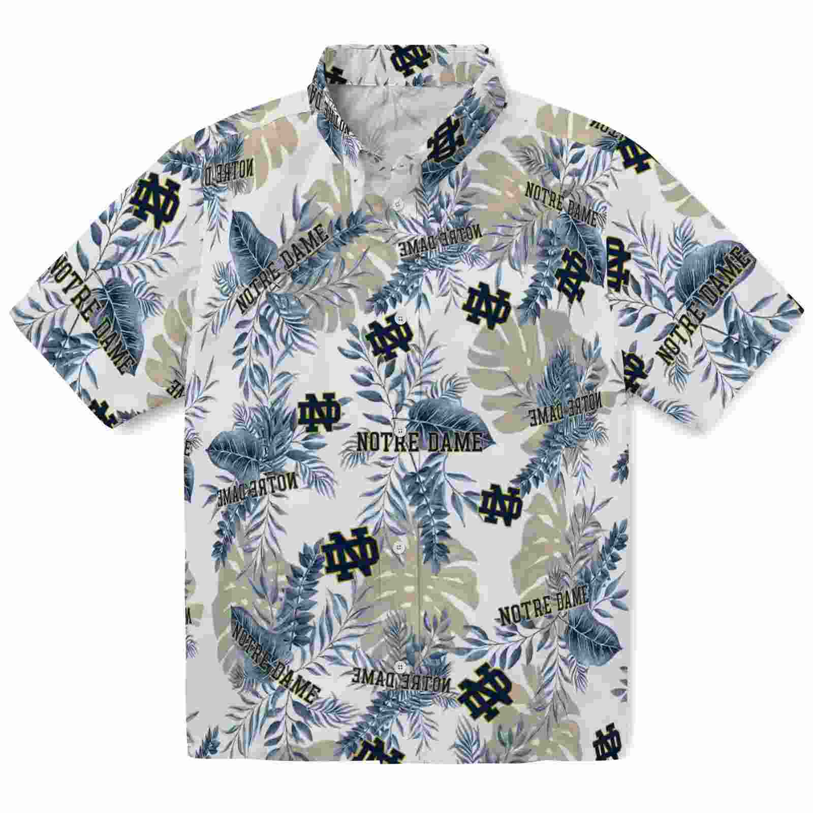 Notre Dame Fighting Irish Tropical Leaves Navy White Hawaiian Shirt