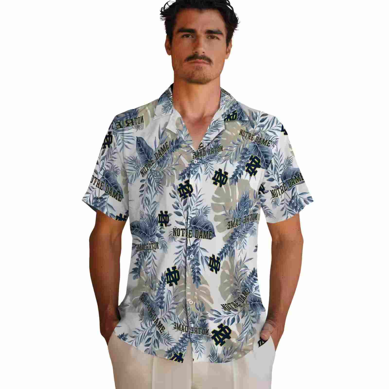 notre dame fighting irish tropical leaves navy white hawaiian shirt fashion forward