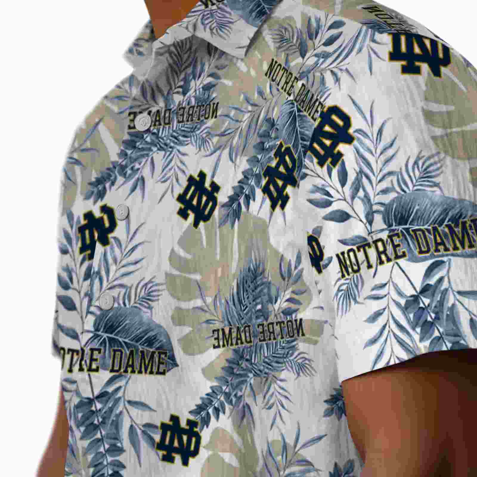 notre dame fighting irish tropical leaves navy white hawaiian shirt trendy