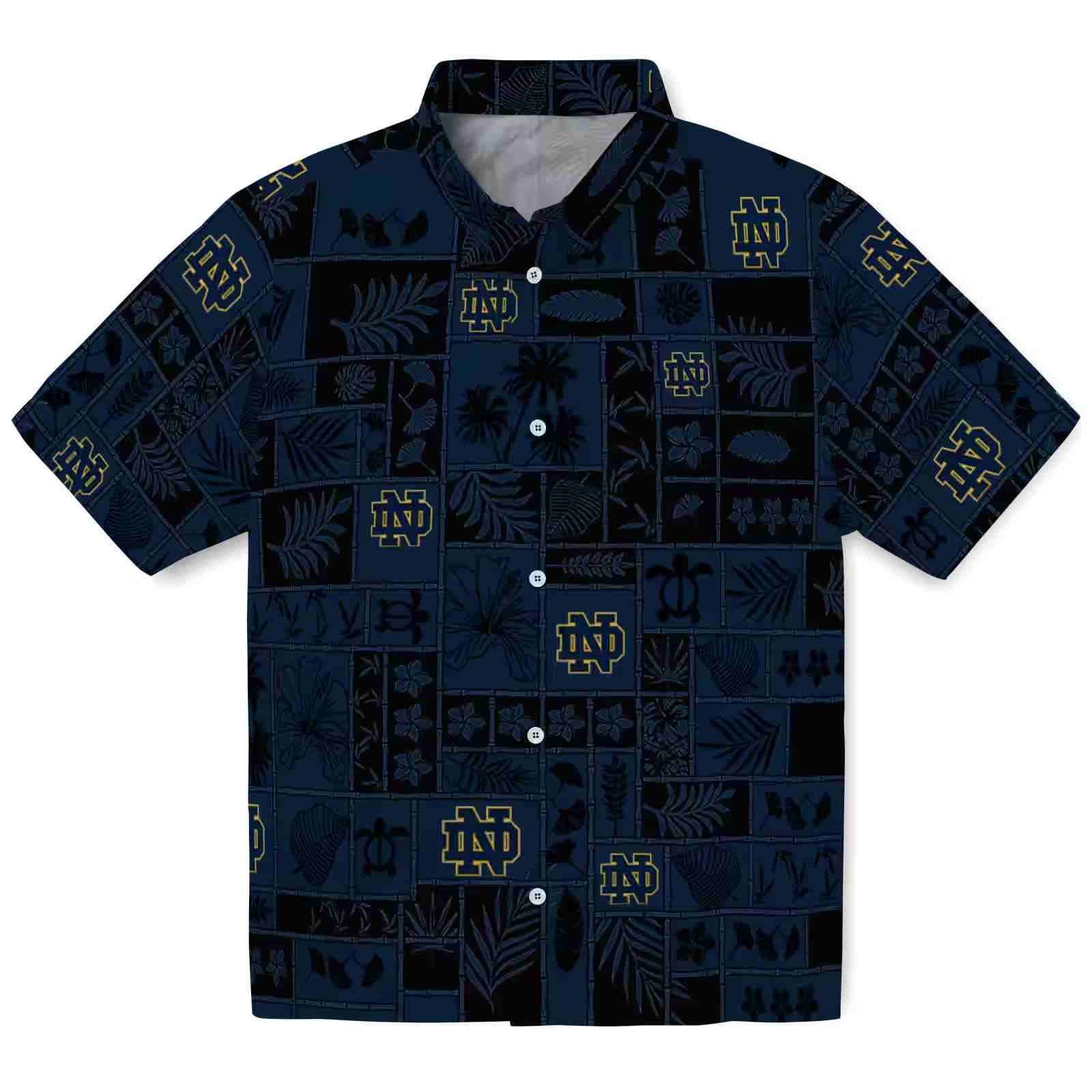 Notre Dame Fighting Irish Tropical Patchwork Navy Black Hawaiian Shirt