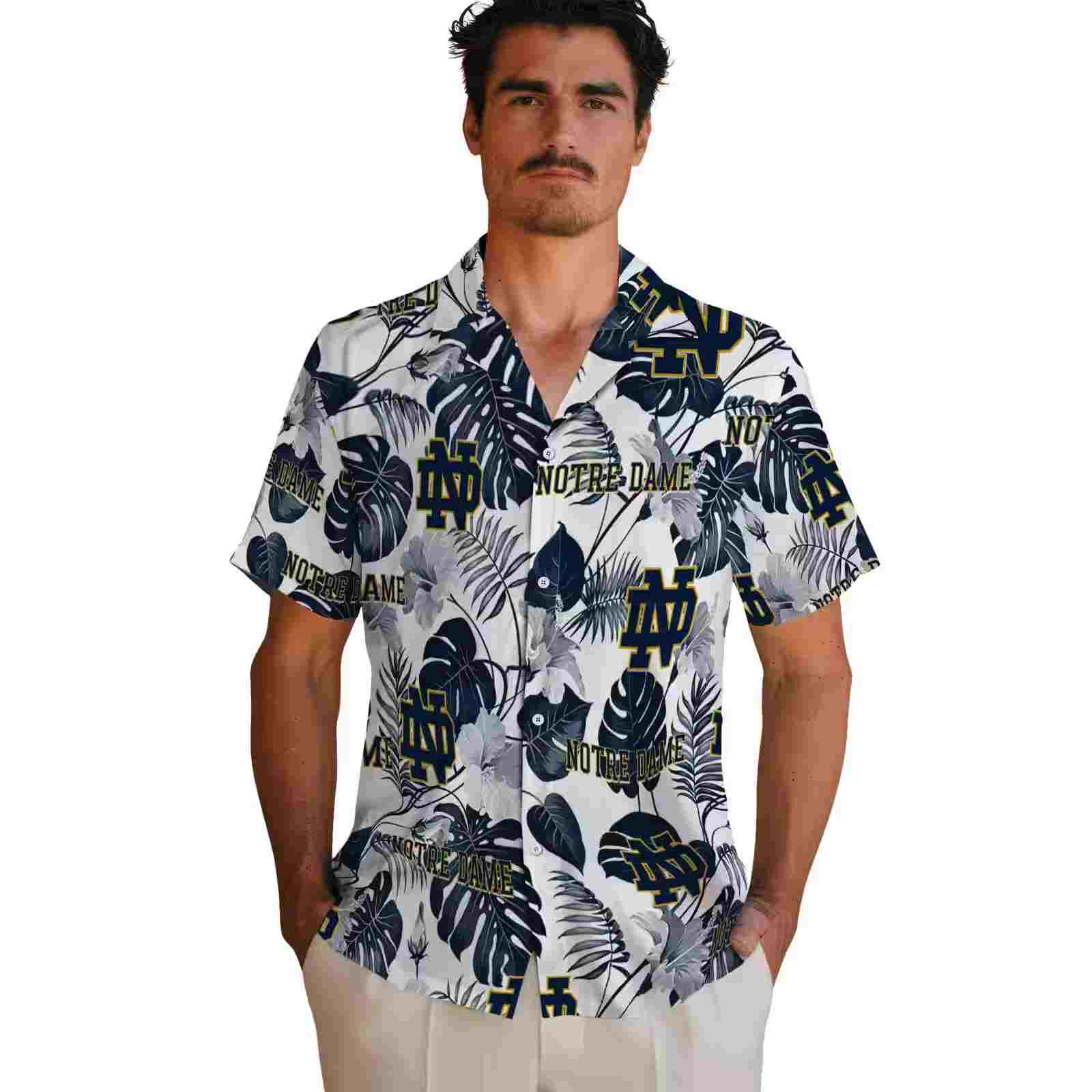 notre dame fighting irish tropical plants navy white hawaiian shirt fashion forward