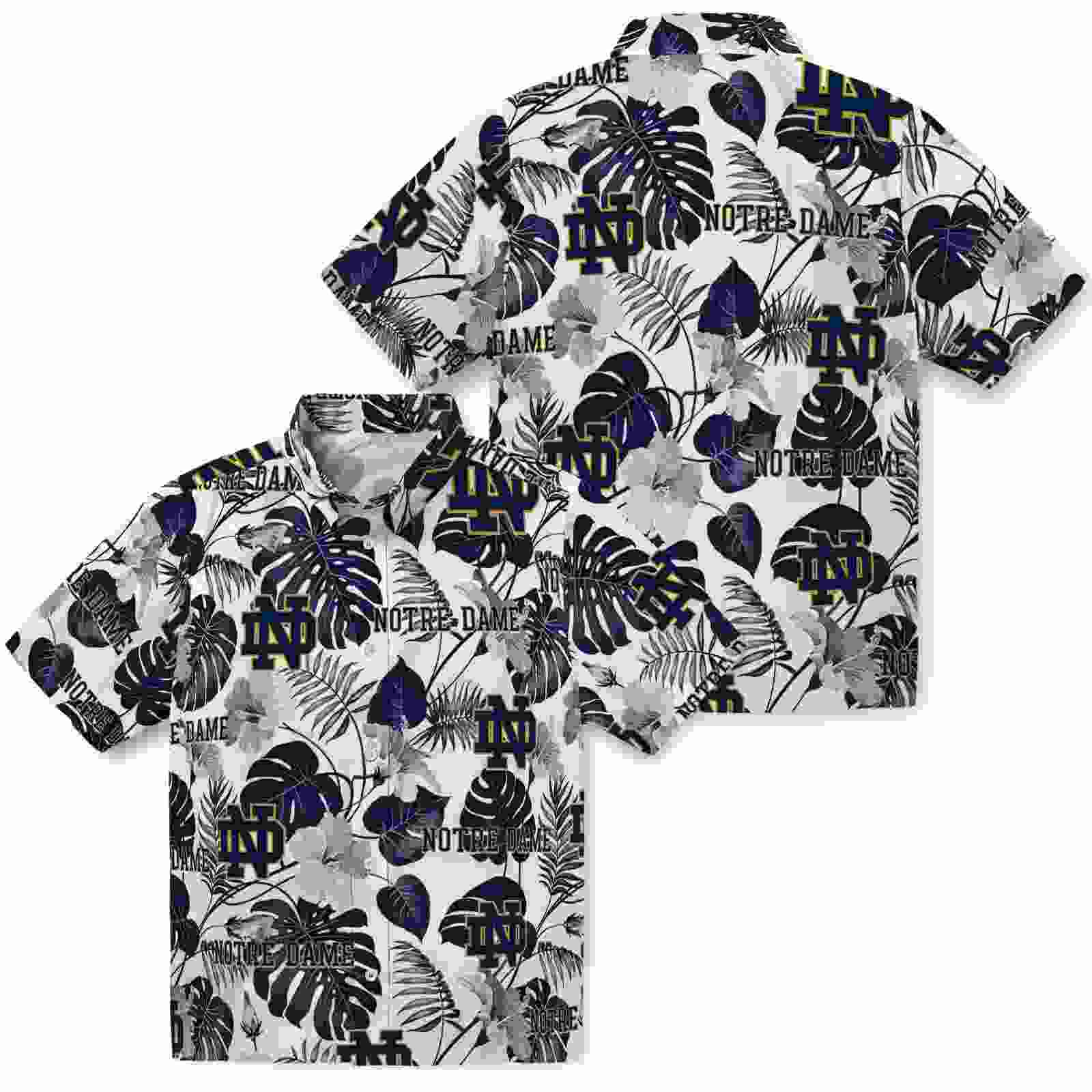 notre dame fighting irish tropical plants navy white hawaiian shirt high quality