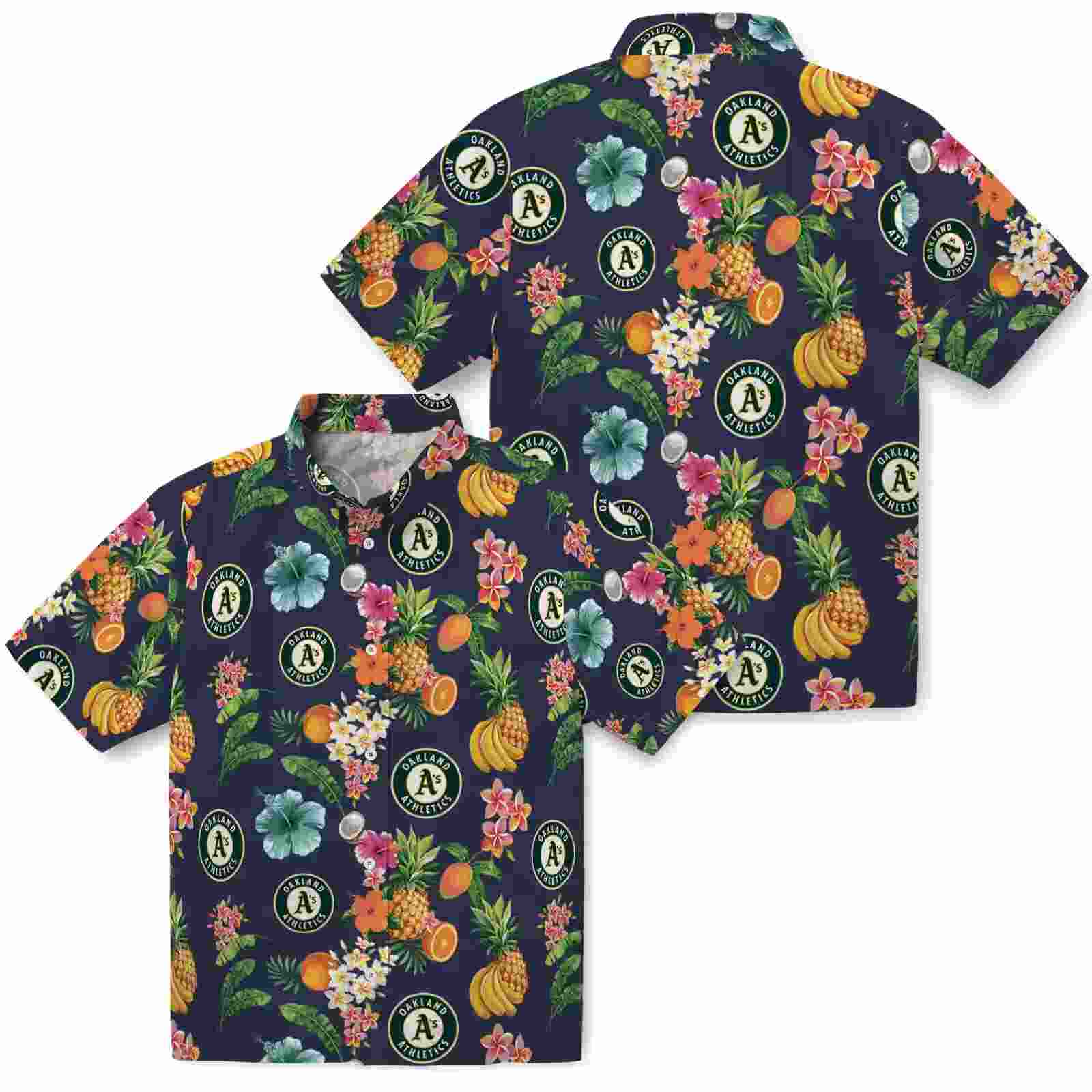 oakland athletics hibiscus and fruit navy blue hawaiian shirt high quality