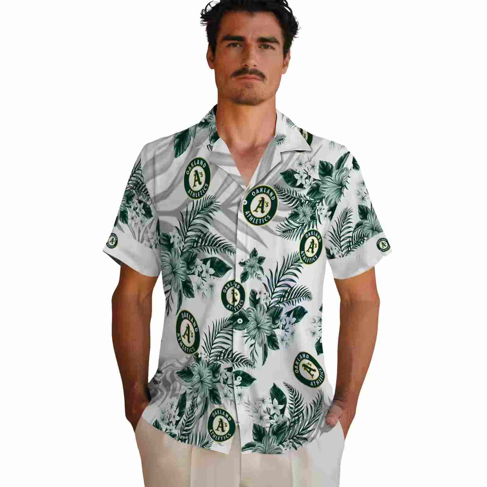 oakland athletics hibiscus palm leaves green white hawaiian shirt fashion forward