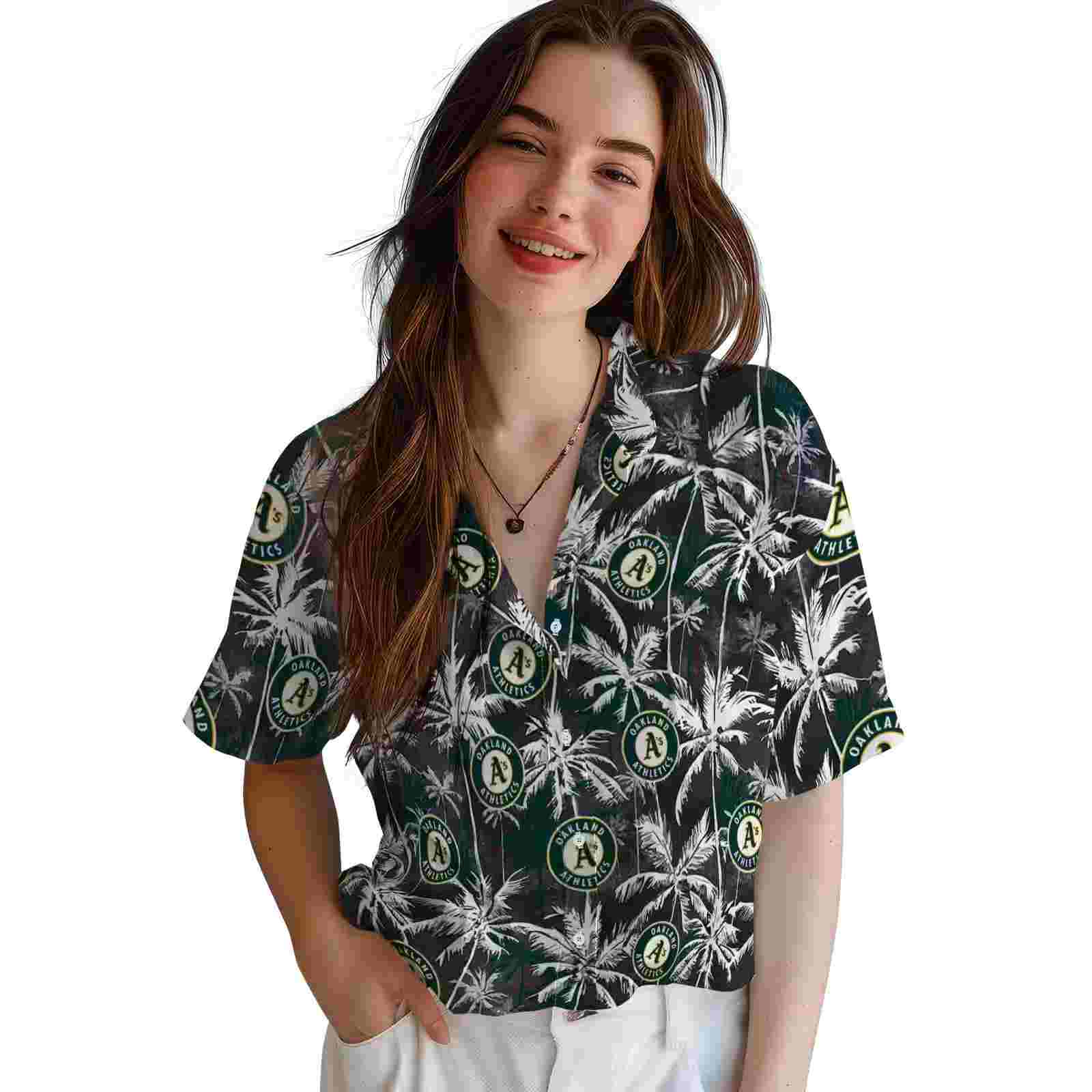 oakland athletics palm pattern green black hawaiian shirt latest model