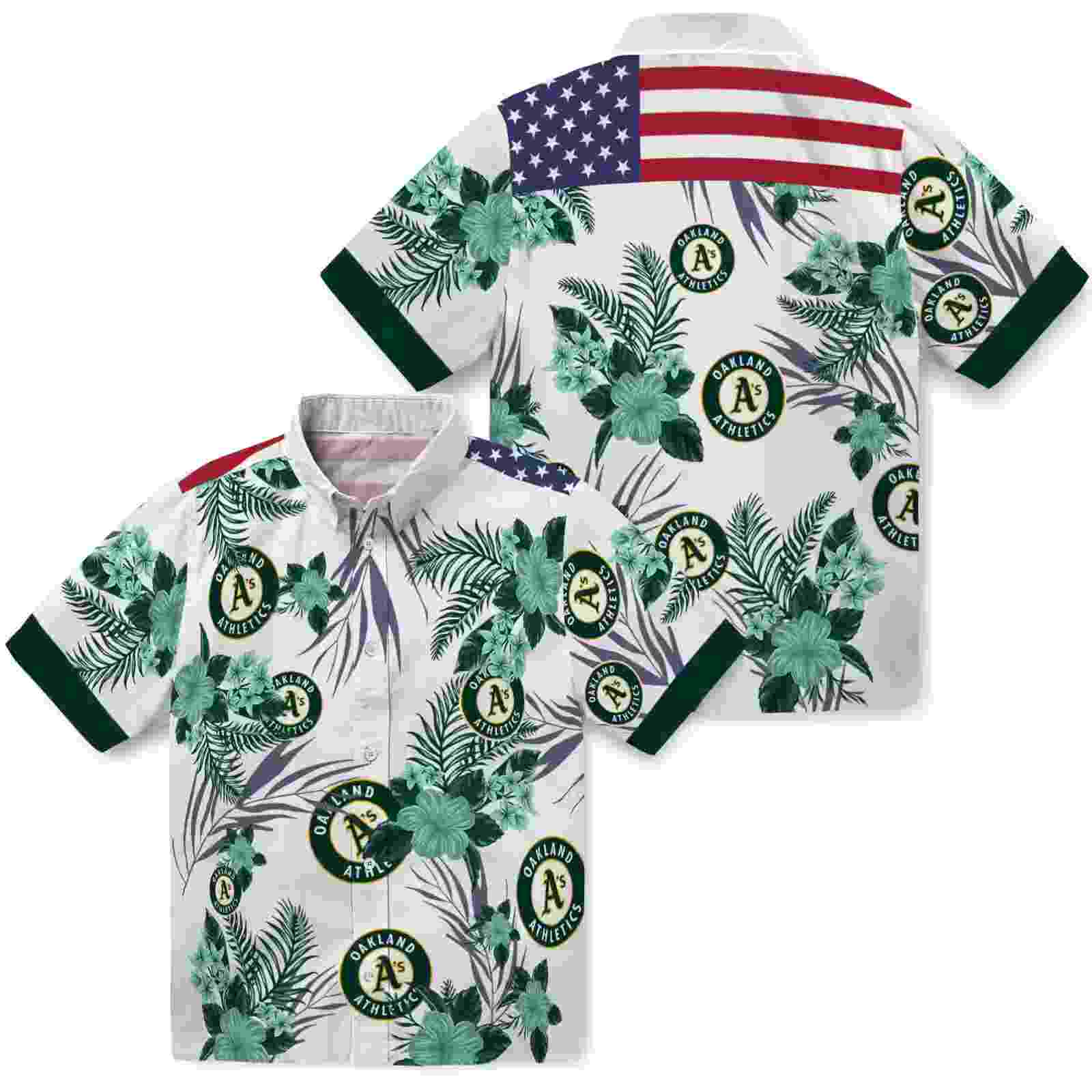 oakland athletics patriotic hibiscus design green white hawaiian shirt high quality