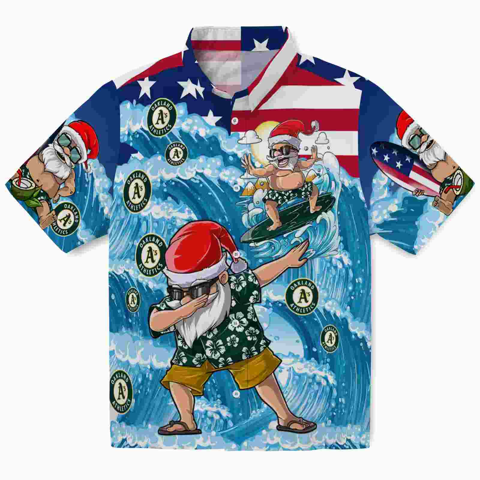 Oakland Athletics Surfing Santa Blue Hawaiian Shirt