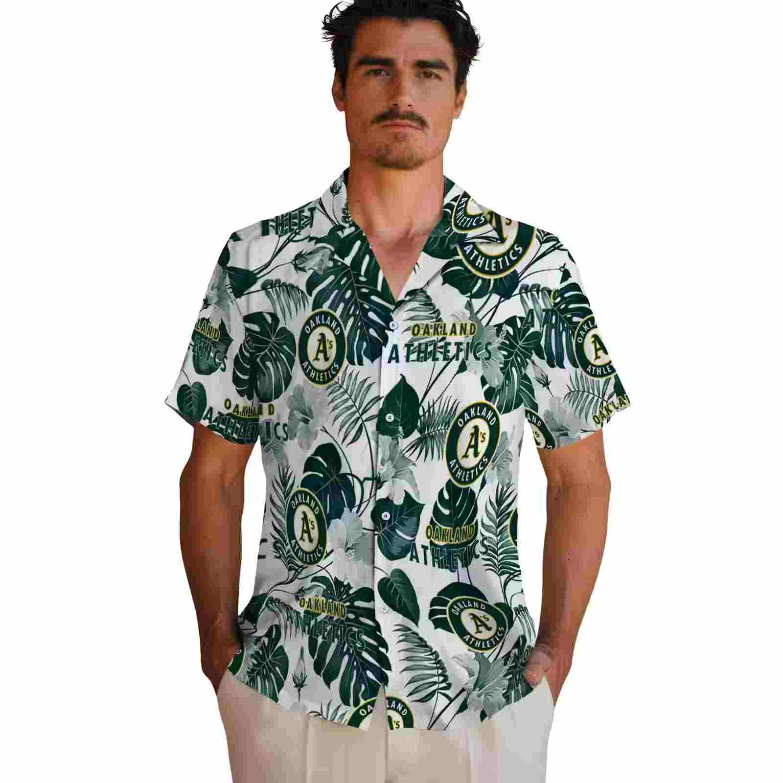 oakland athletics tropical plants green white hawaiian shirt fashion forward