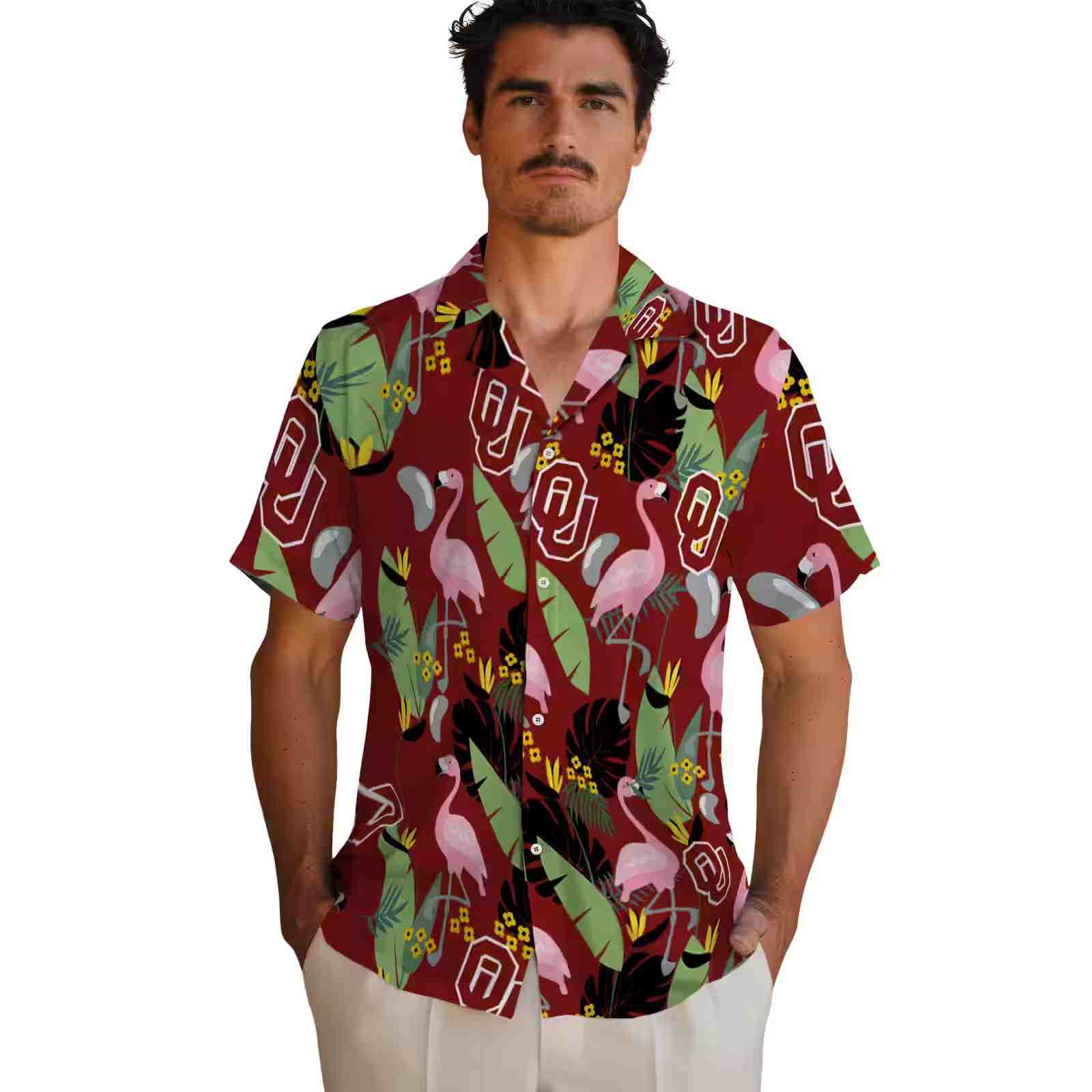 oklahoma sooners flamingo leaves crimson hawaiian shirt fashion forward