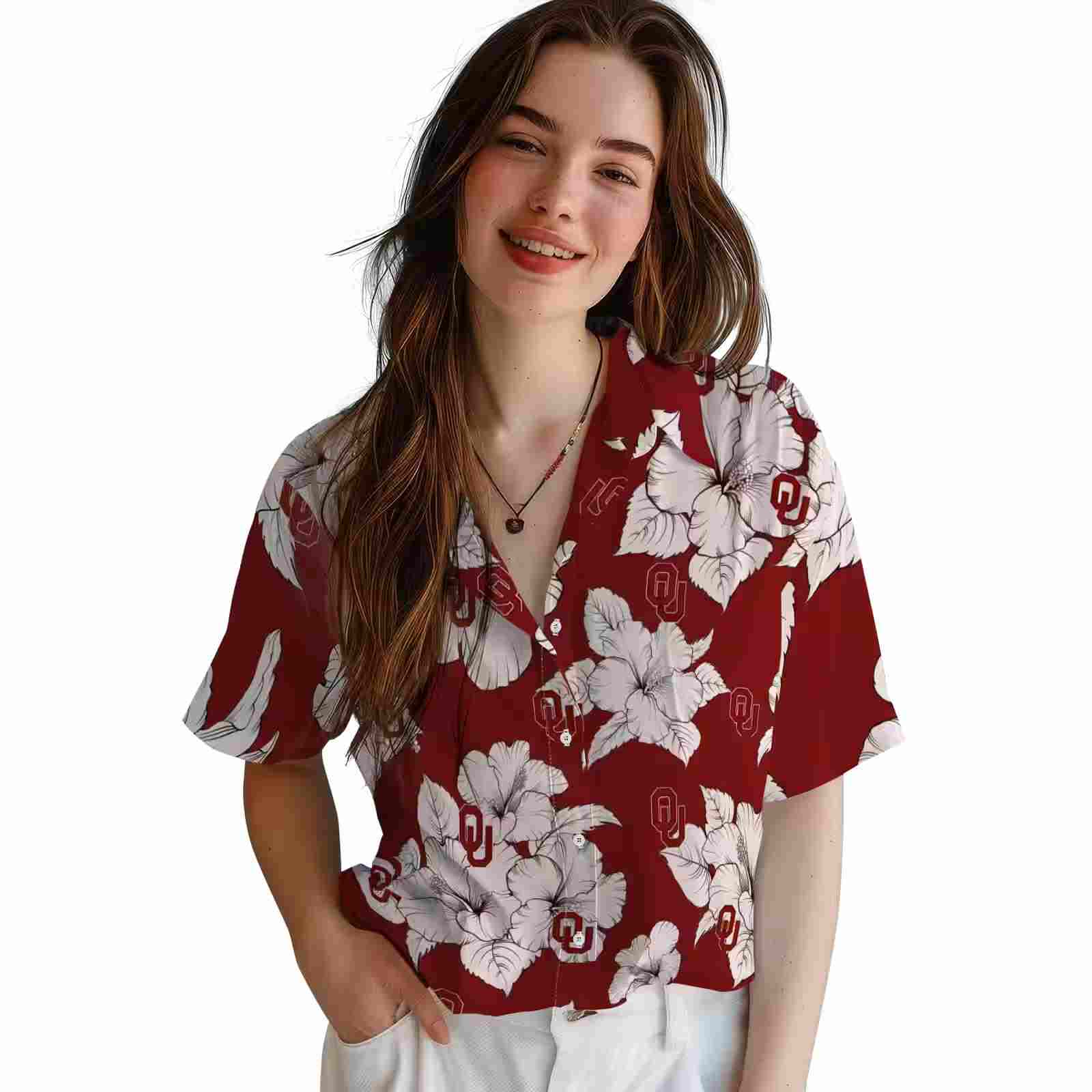 oklahoma sooners hibiscus blooms crimson white hawaiian shirt latest model