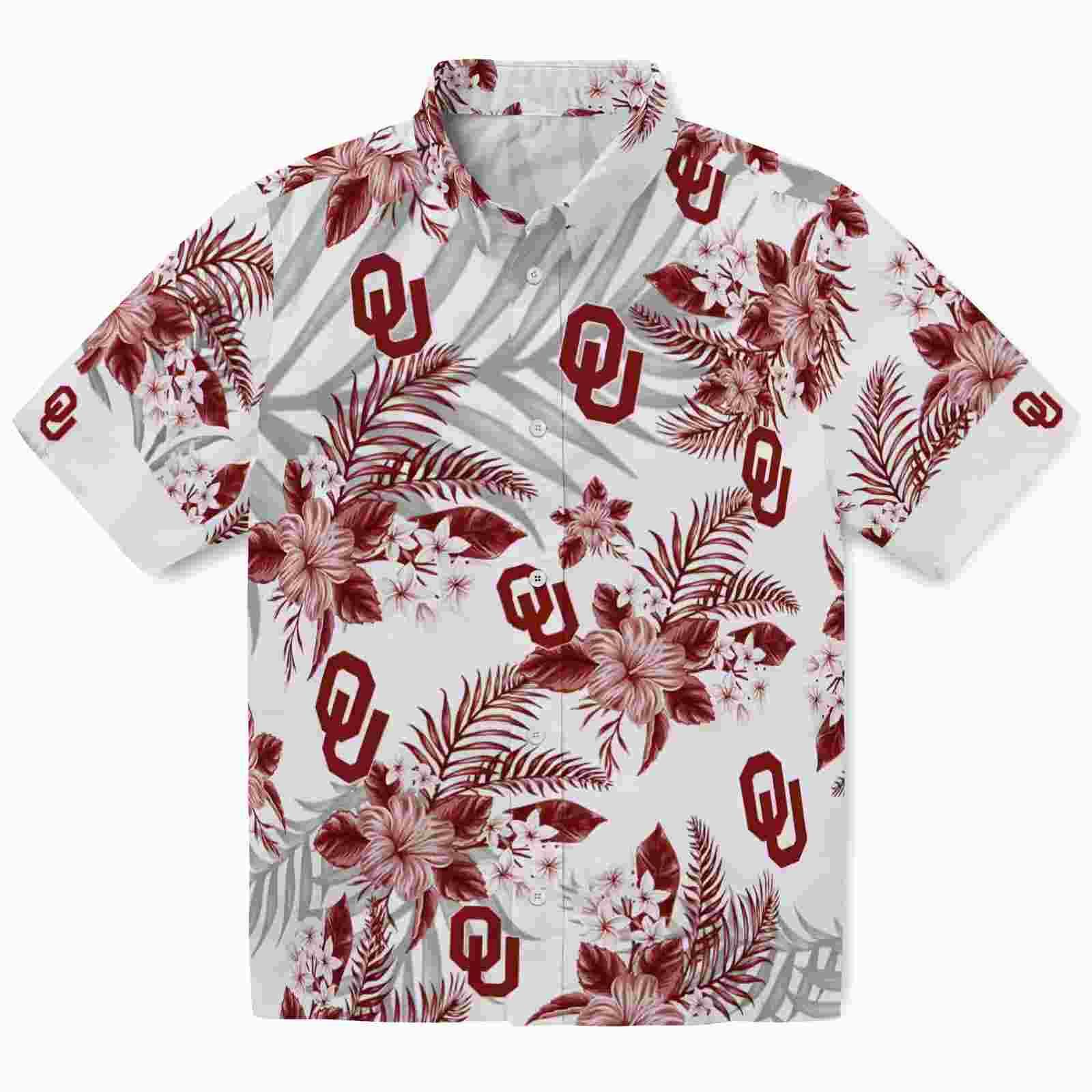 Oklahoma Sooners Hibiscus Palm Leaves Crimson White Hawaiian Shirt