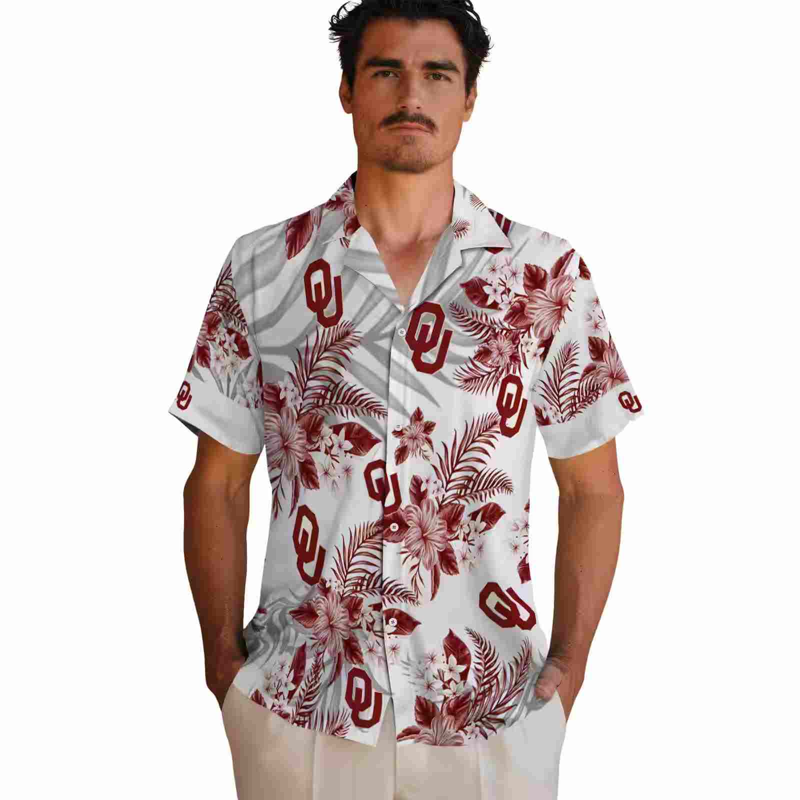 oklahoma sooners hibiscus palm leaves crimson white hawaiian shirt fashion forward