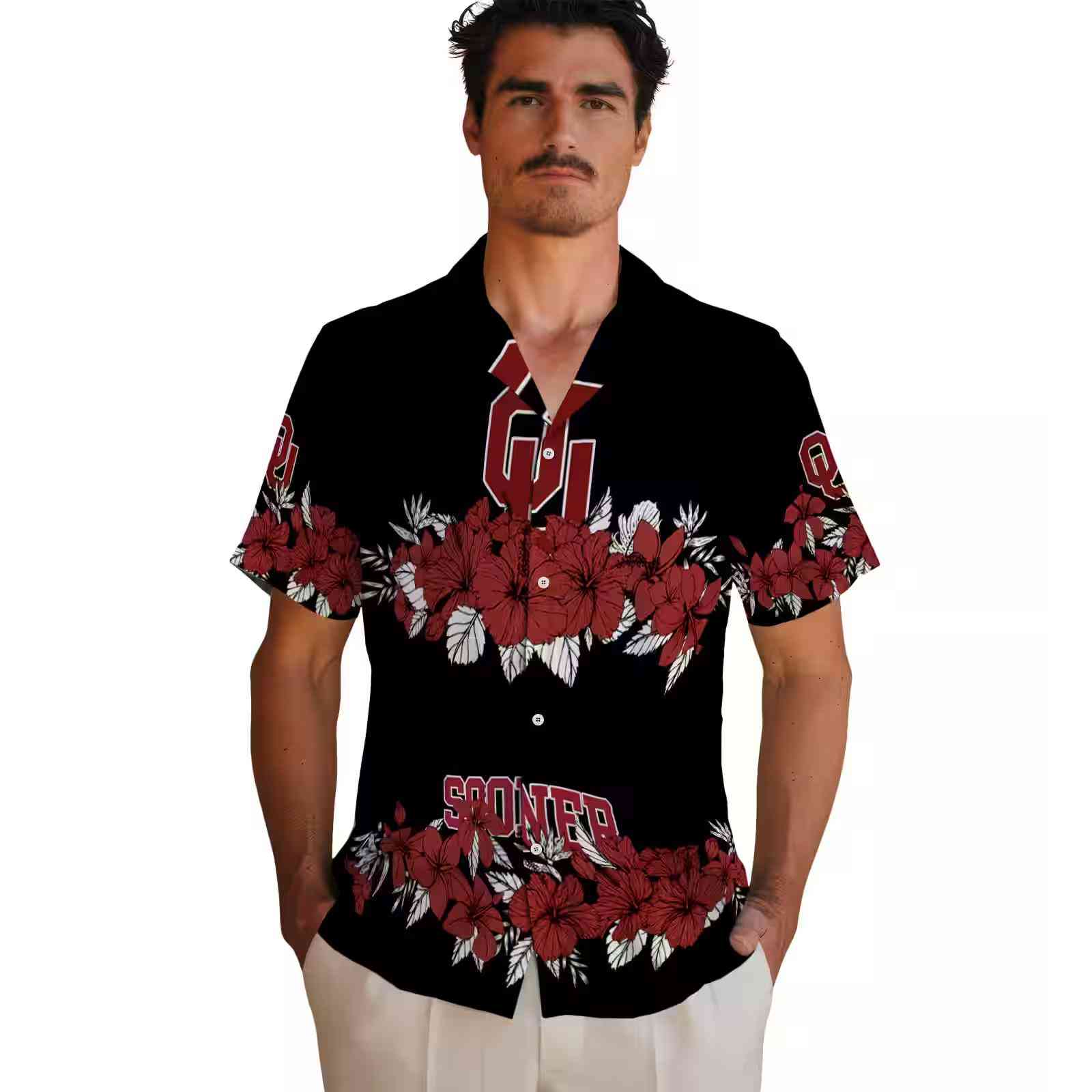 oklahoma sooners hibiscus stripe crimson black hawaiian shirt fashion forward