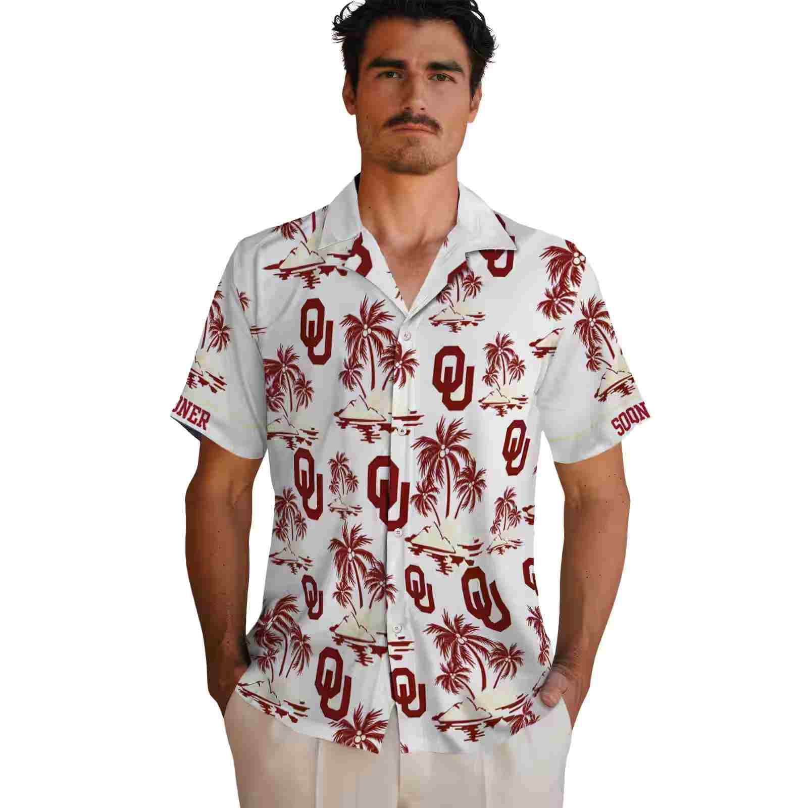 oklahoma sooners palm island print crimson white hawaiian shirt fashion forward