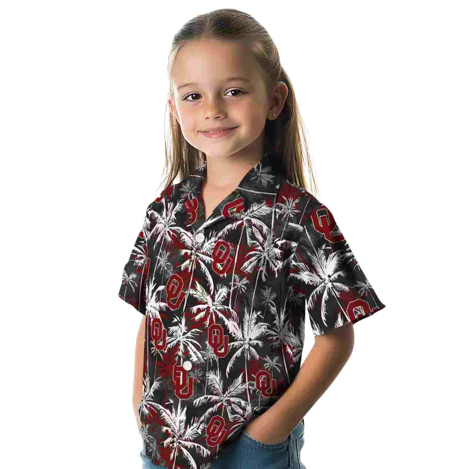 oklahoma sooners palm pattern crimson black hawaiian shirt premium grade