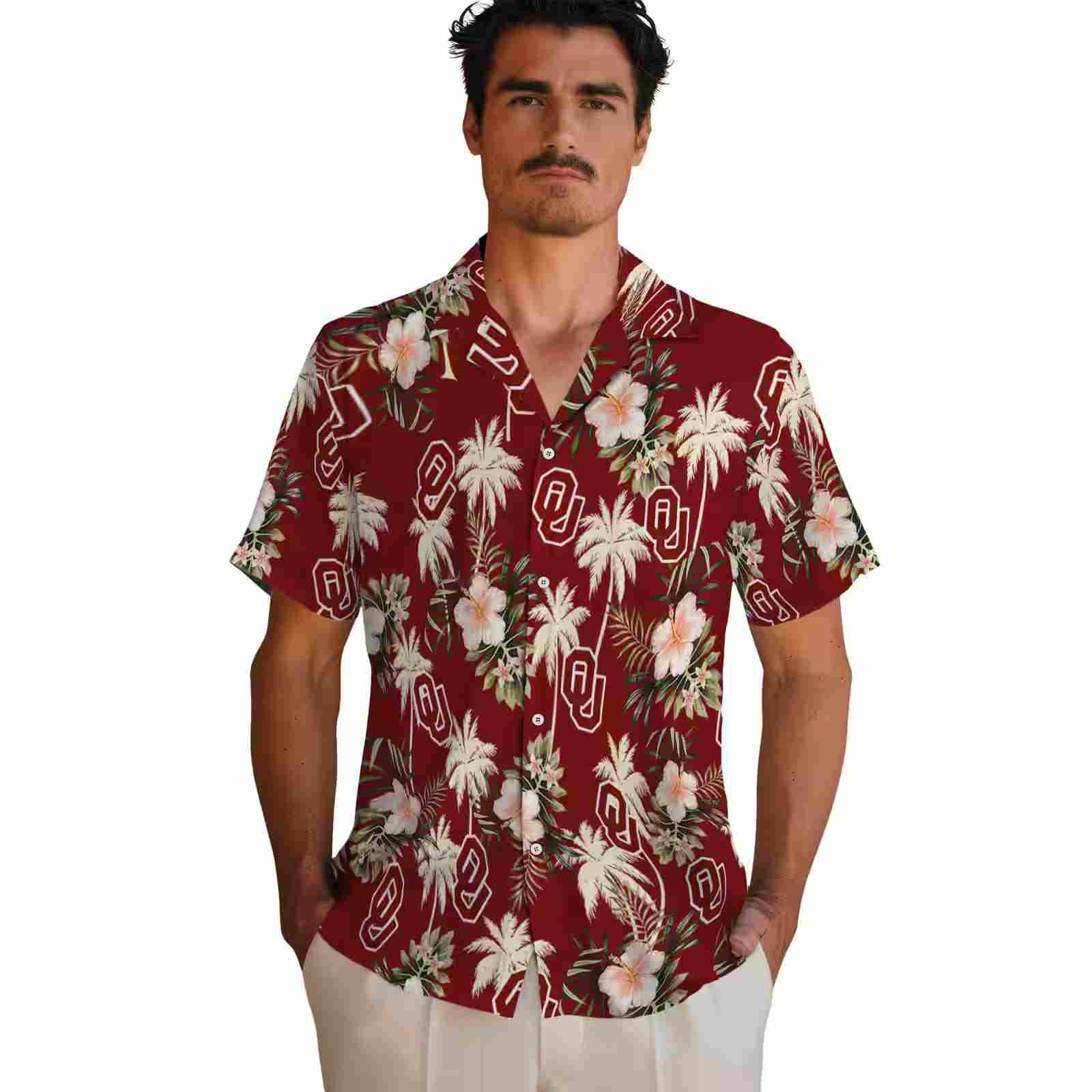 oklahoma sooners palm tree flower crimson hawaiian shirt fashion forward