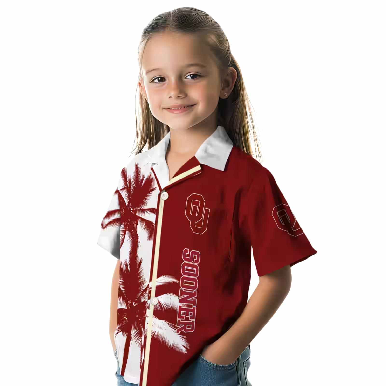 oklahoma sooners palm trees crimson white hawaiian shirt premium grade