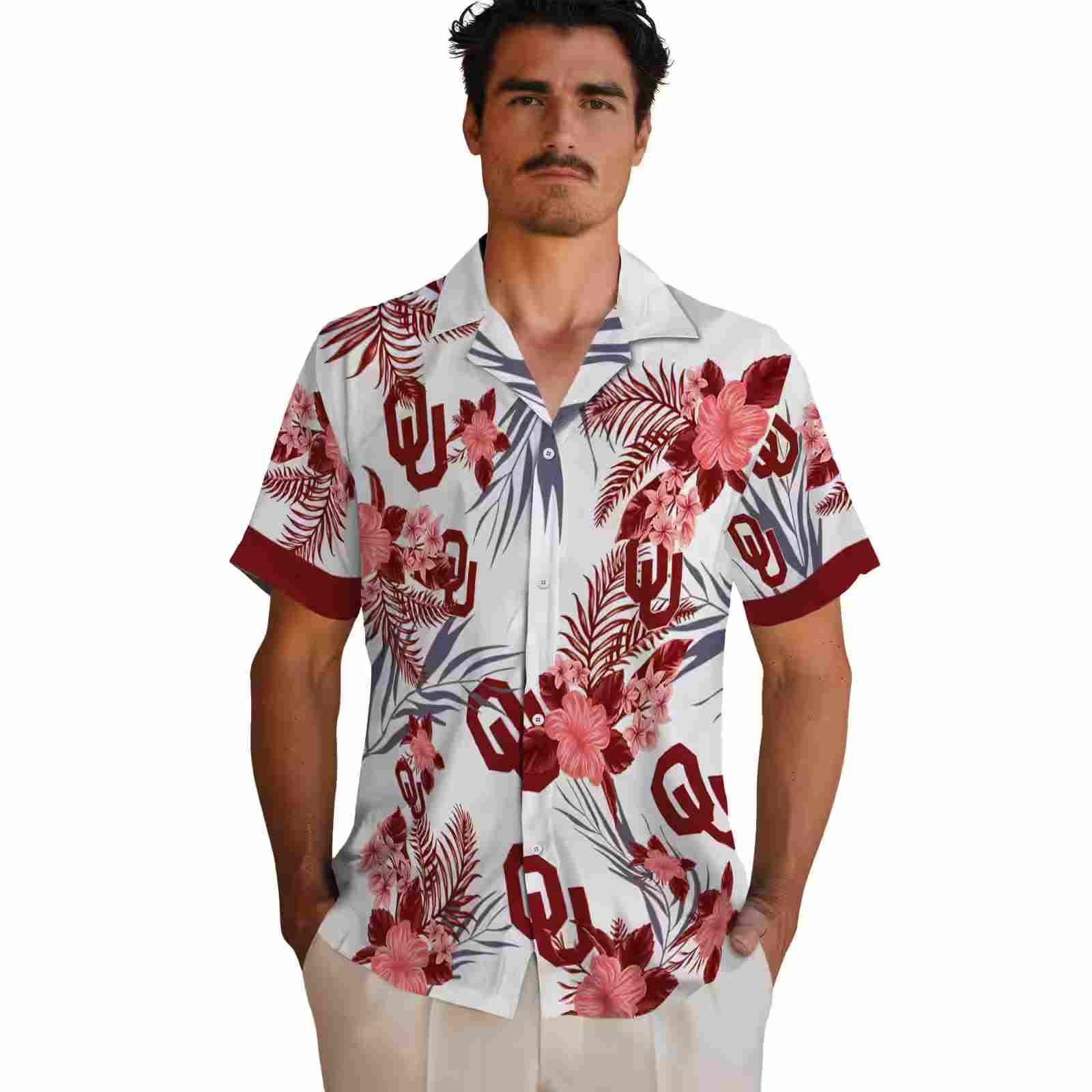 oklahoma sooners patriotic hibiscus design crimson white hawaiian shirt fashion forward