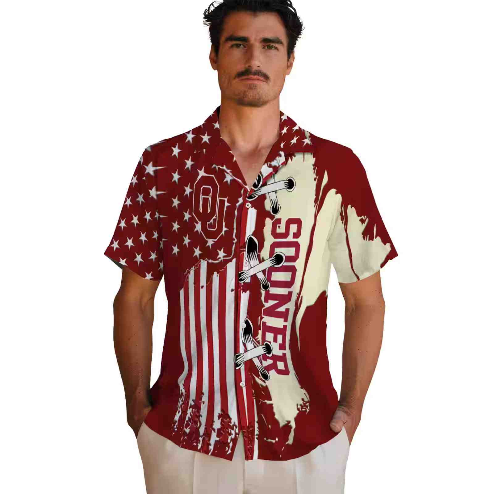 oklahoma sooners stitched flag crimson hawaiian shirt fashion forward