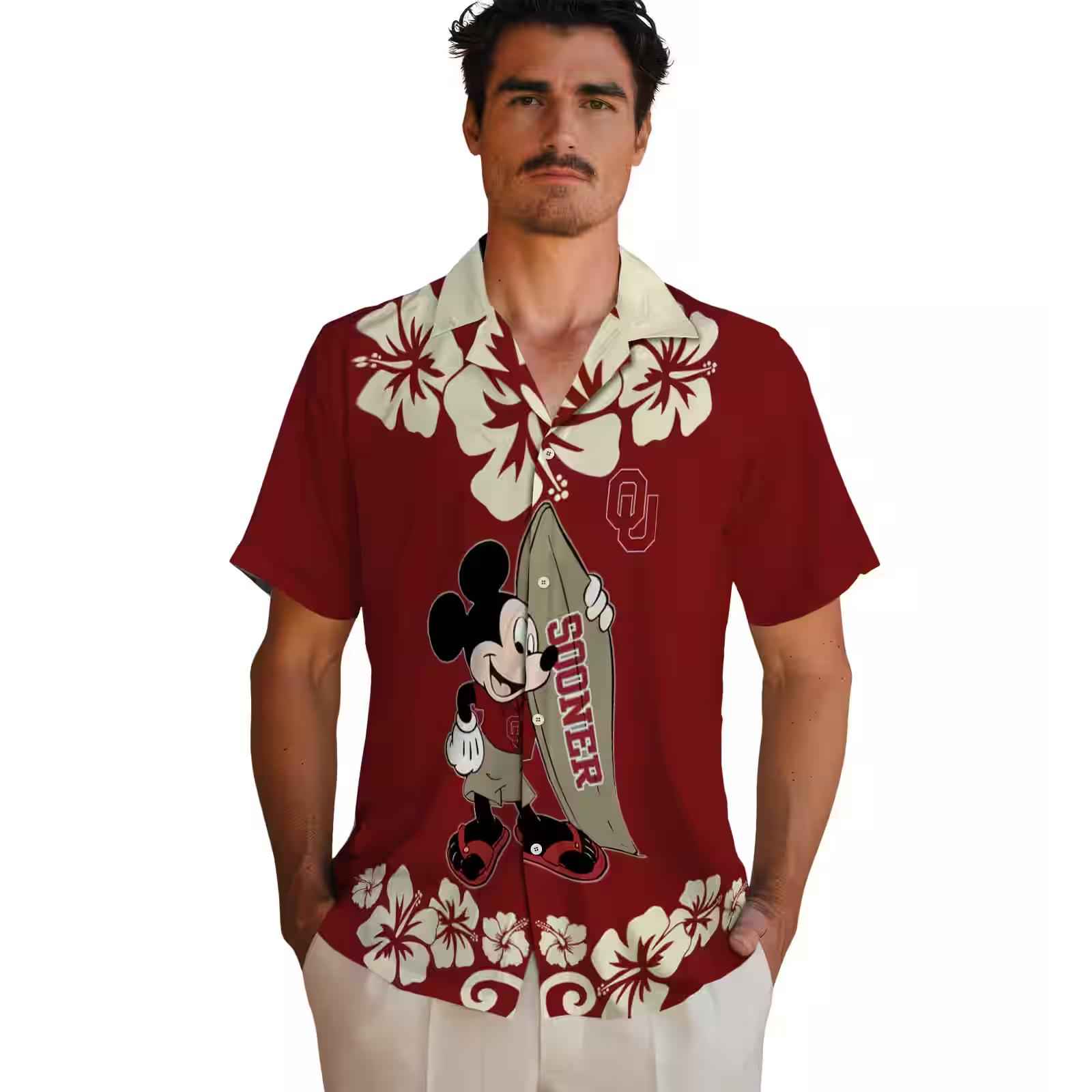 oklahoma sooners surfing mickey crimson hawaiian shirt fashion forward