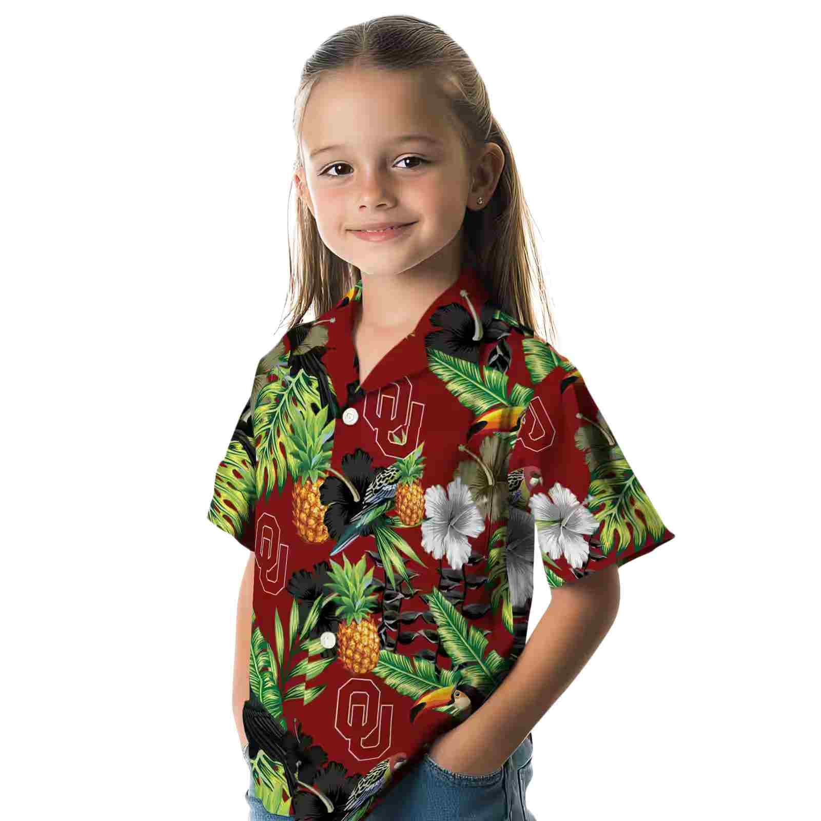 oklahoma sooners toucan hibiscus pineapple crimson green hawaiian shirt premium grade