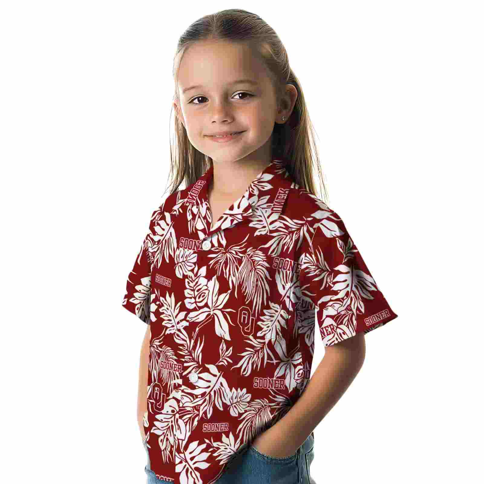 oklahoma sooners tropical leaf crimson white hawaiian shirt premium grade