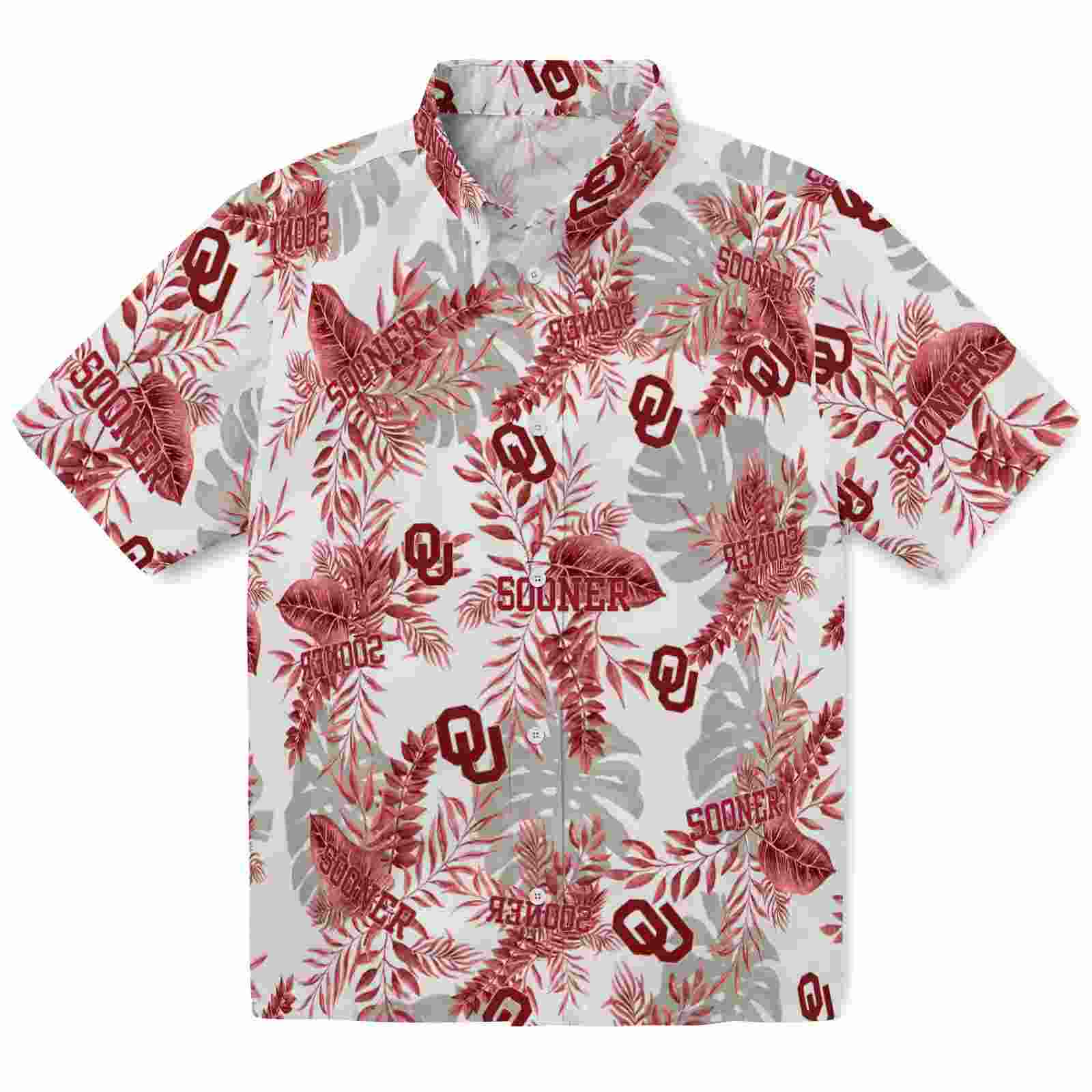 Oklahoma Sooners Tropical Leaves Crimson White Hawaiian Shirt