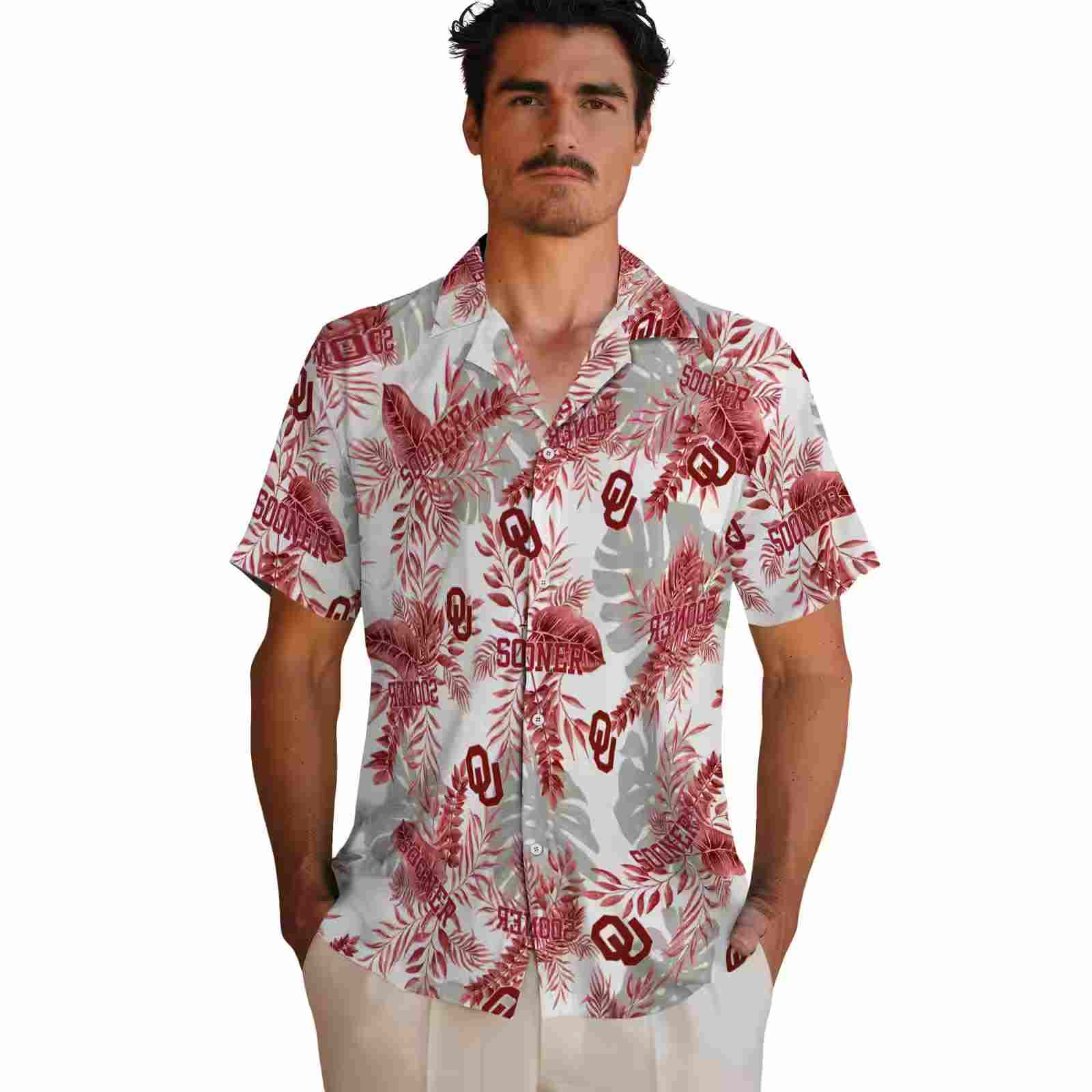 oklahoma sooners tropical leaves crimson white hawaiian shirt fashion forward