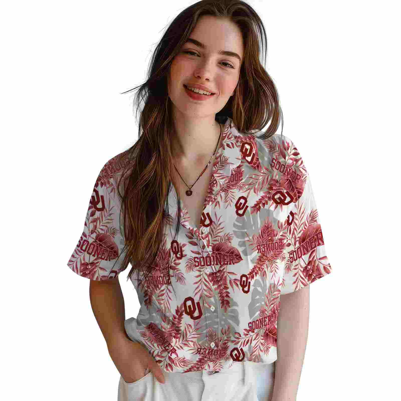 oklahoma sooners tropical leaves crimson white hawaiian shirt latest model